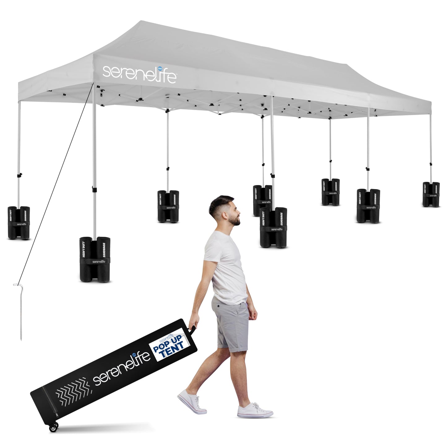 SereneLife 10x30 Pop Up Commercial Tent: Waterproof, Heavy Duty, Portable with Wheels, Sandbags, Stakes & Ropes for Events, Festivals, and Gatherings, SLPOP1030