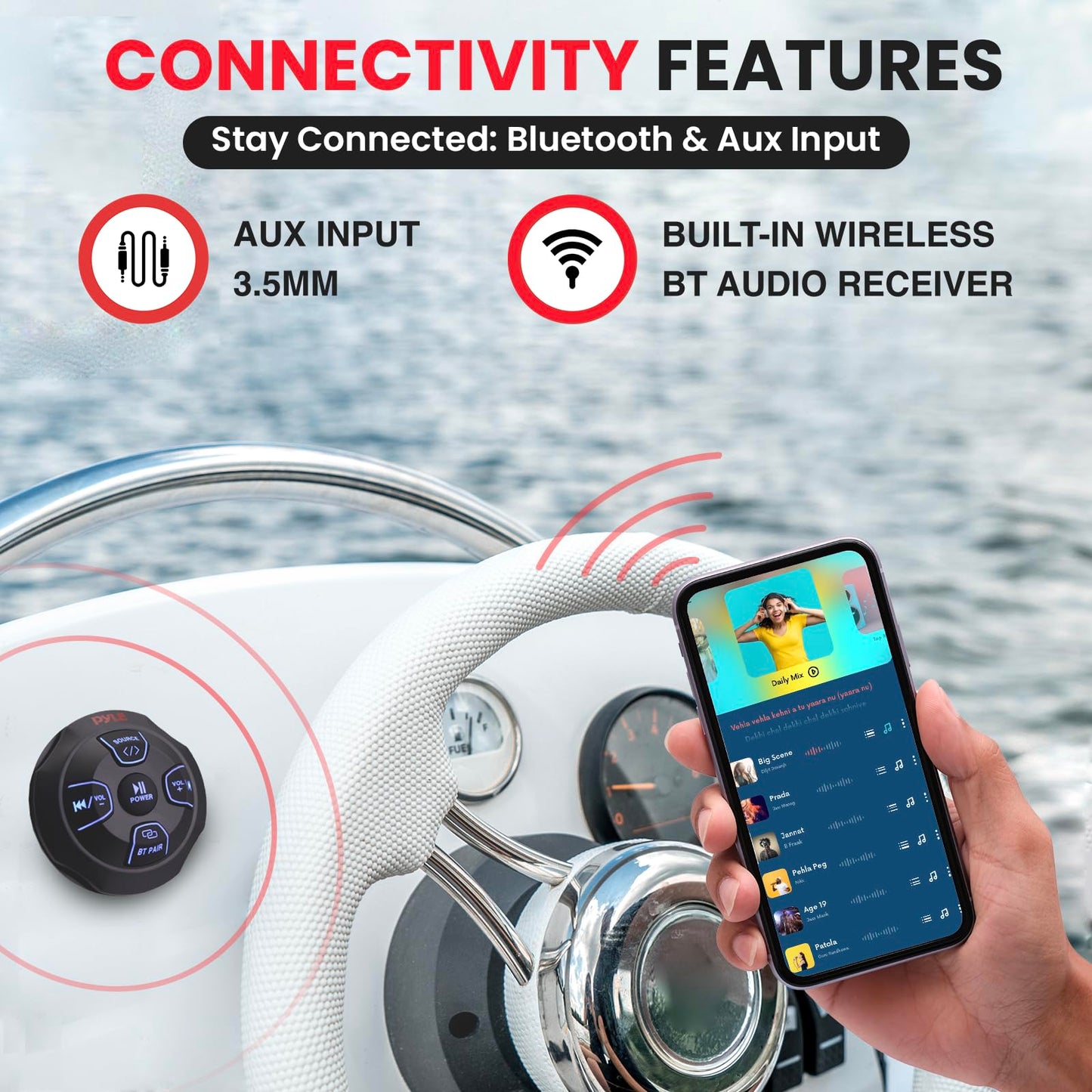 Pyle Marine Bluetooth Receiver Microphone Kit - Waterproof Audio Entertainment System Set w/ 2-Channel Wireless BT Controller, Handheld Broadcasting Mic - Car, Truck, ATV, UTV, 4x4, Boat