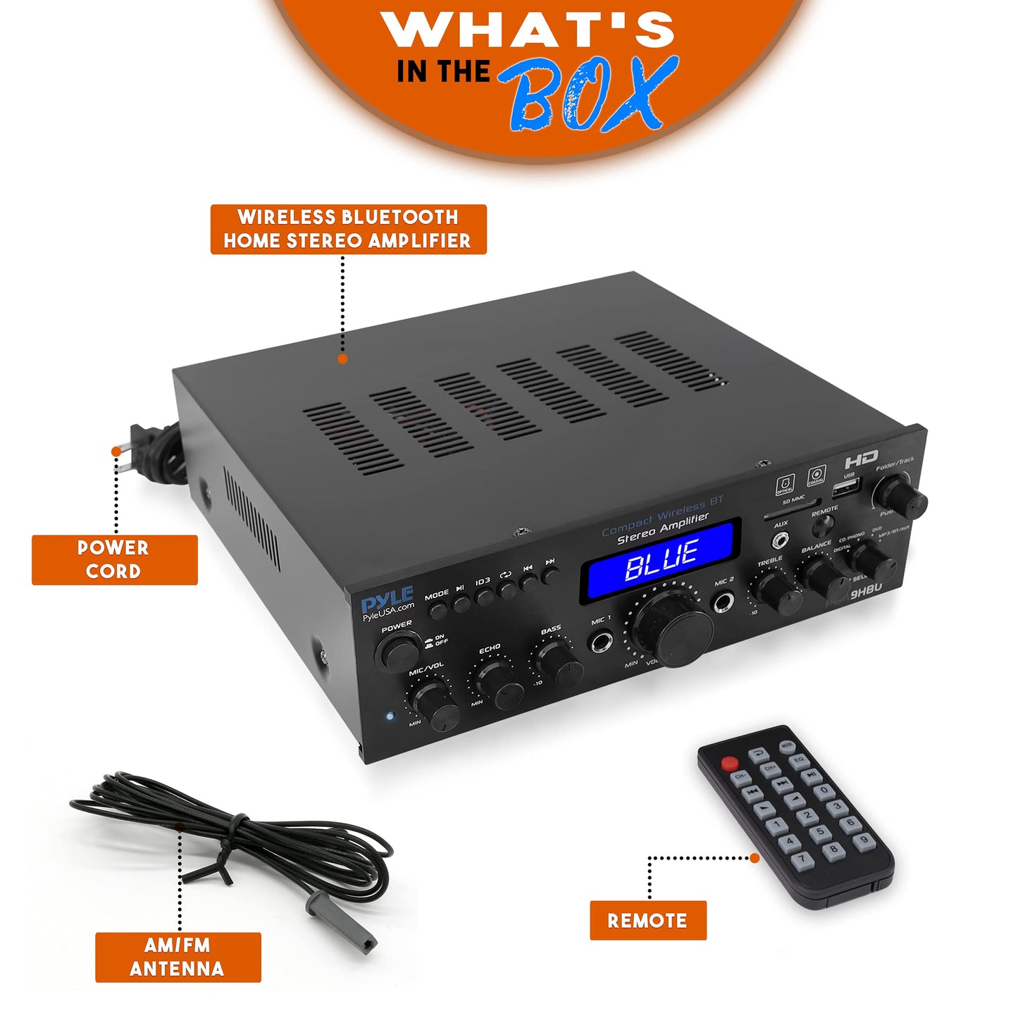 Pyle Wireless Bluetooth Home Stereo Amplifier - Multi-Channel 200 Watt Power Amplifier Home Audio Receiver System w/HDMI, Optical/Phono/Coaxial, FM Radio, USB/SD, AUX, RCA, Mic in - Remote - PDA9HBU