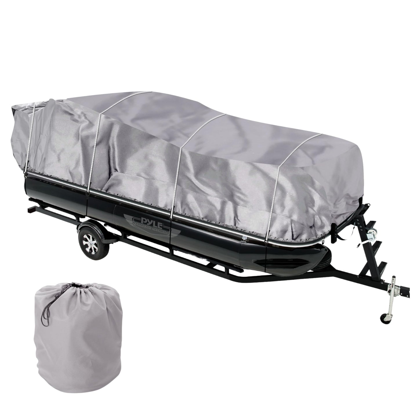 Pyle Universal Boat Adjustable Storage Cover - 17'-20'L to 96” Pontoon Boats Protection Custom Heavy Duty Waterproof Polyester Fabric, Snap Strap, Elastic Cord, Bag