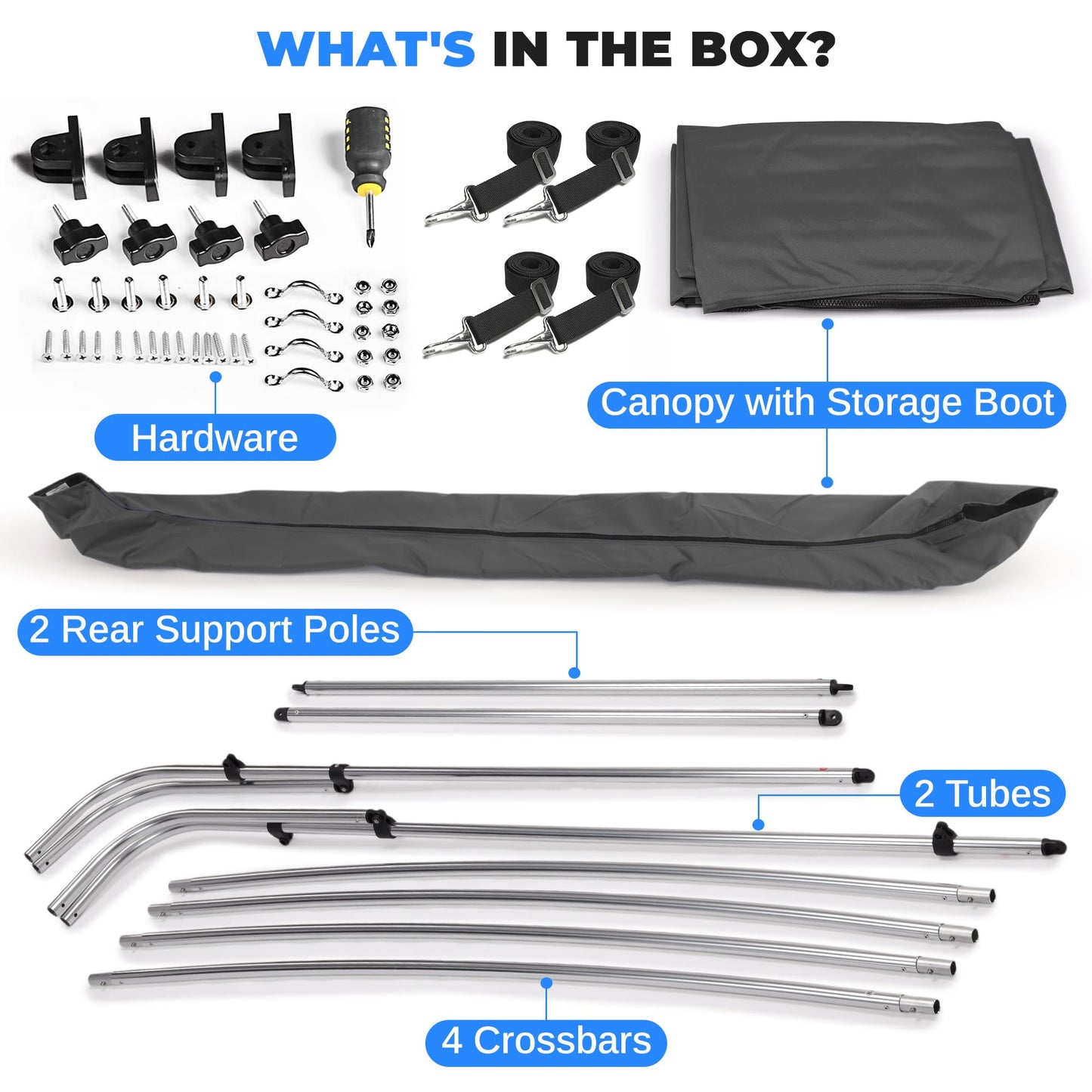 Waterproof Boat Bimini Top Cover - 85-90"W 3 Bow Bimini Top Sun Shade Boat Canopy - 1" Double Wall Aluminum Frame Tubes, 2 Front Straps, 2 Rear Support Poles, Storage Boot - SereneLife SLBTW90G, Gray