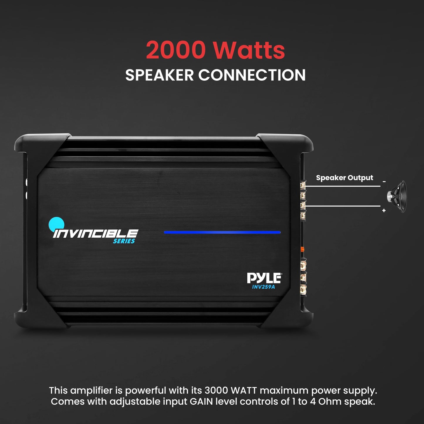 Pyle 12” Pyle Class AB Mosfet Amplifier - Invincible Series Bridgeable Amp, 2 Channel 2000 Watts Max, Mosfet PWM Power Supply, High-Current Dual Discrete Drive Stages, Advanced Protection Circuitry