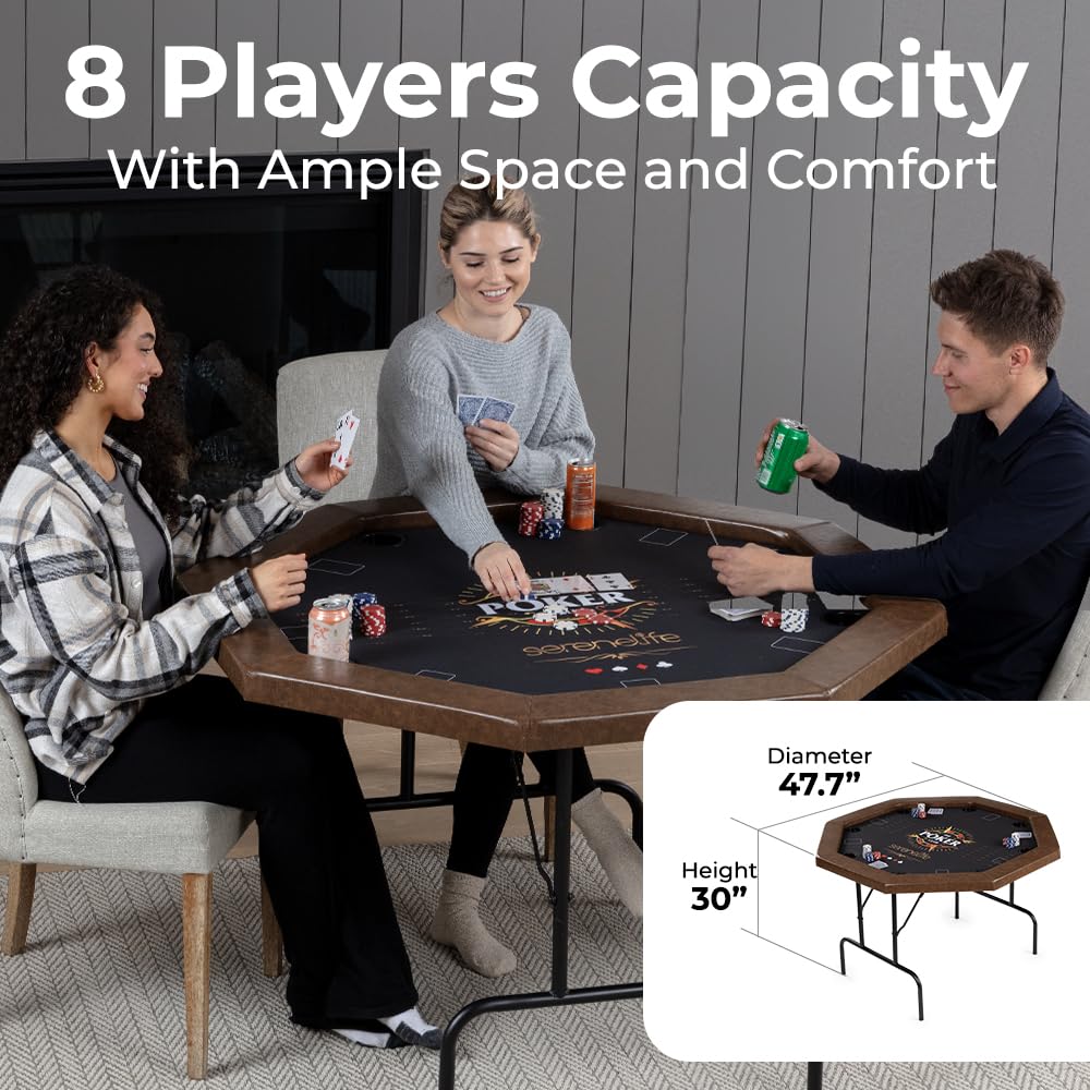 SereneLife 84” Poker Table- 8 Player Octagonal Foldable Cardboard Leisure Game Table, Casino Style, with Water-Resistant Cushioned Rail, w/ 8 Cup Holders