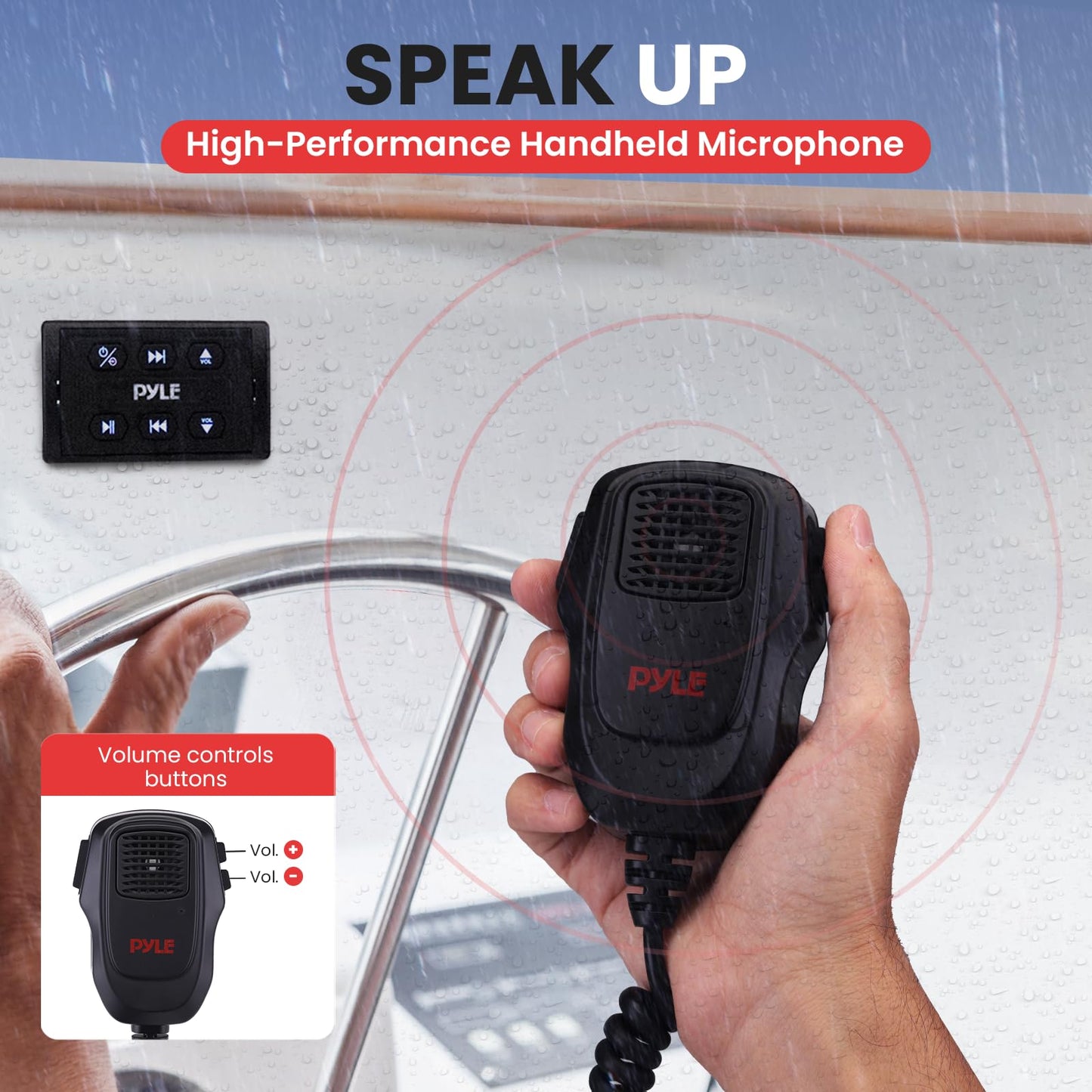 Pyle Wireless BT Audio Controller Kit, Marine Bluetooth Receiver & Adapter with Remote Control, Compact Microphone for Onboard Audio Entertainment, AUX/USB Input, Water-Resistant, 3.81”x2.20”x1.97”