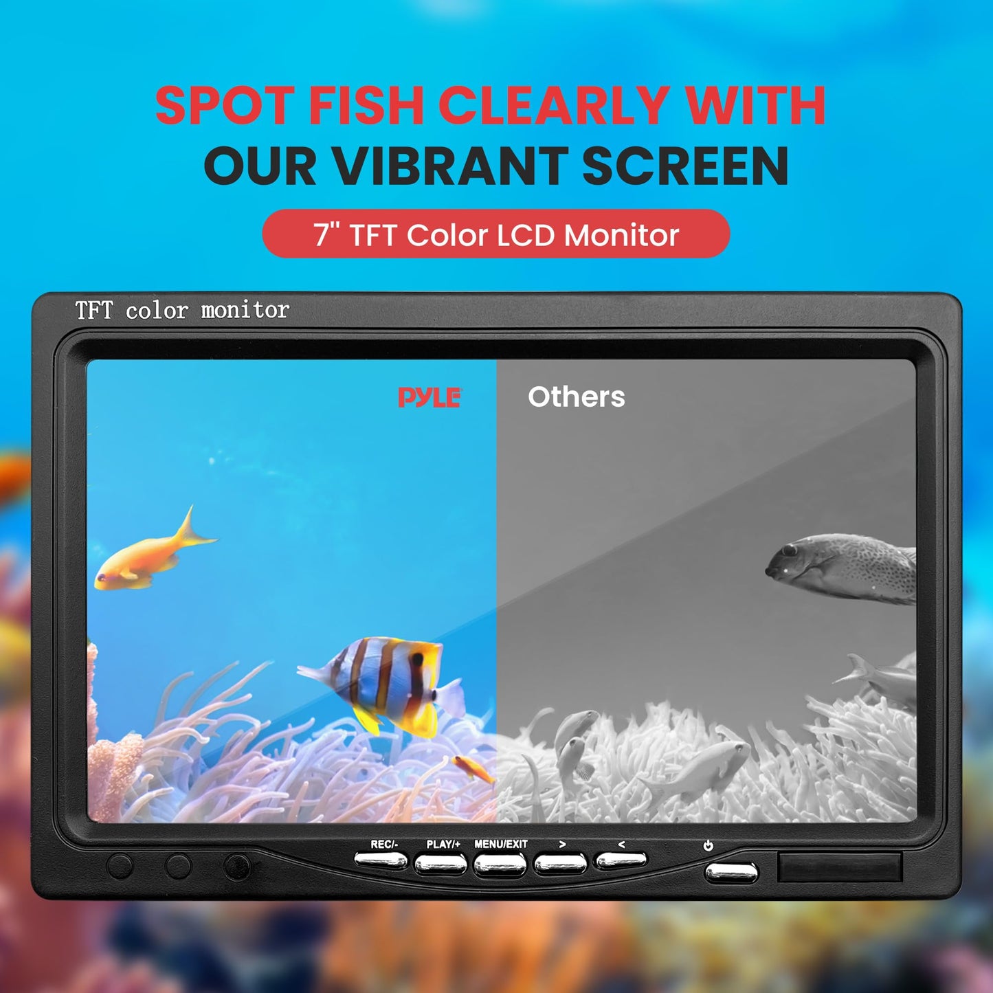Pyle, Underwater Fishing Camera, LCD Monitor, Night Vision, 7-inch TFT, IP68 Water Resistant, Infrared LED, Removable Sun-Visor, 12V Li-ion Battery, 4500 mAh, Waterproof Suitcase, 50m Cable