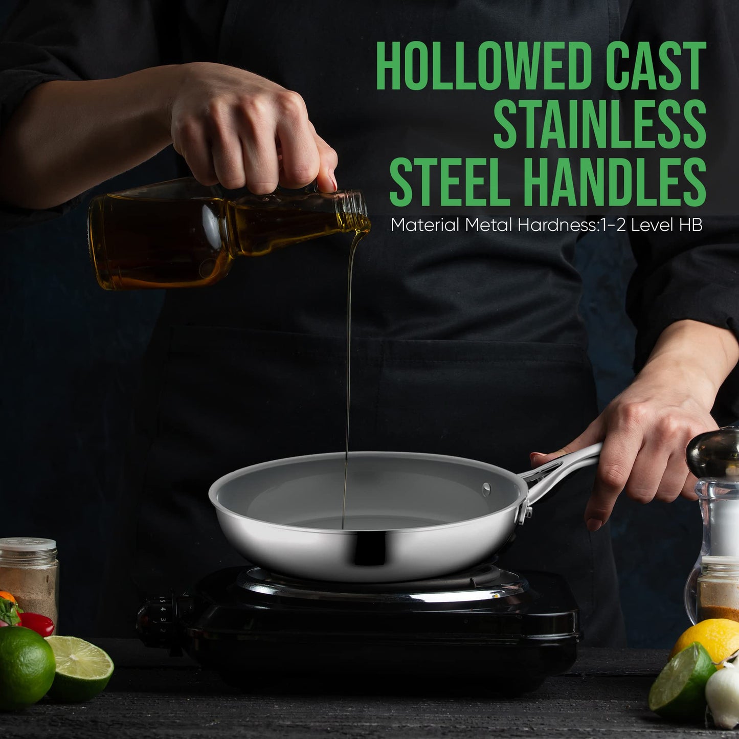 NutriChefKitchen Hollowed Cast Handles - Works w/ Model NCSSX45 9.5'' Large Fry Pan - PFOA/PFOS Free Stainless Steel Stain-Resistant Frying Pan Kitchen Cookware w/Durable Ceramic Non-Stick Coating