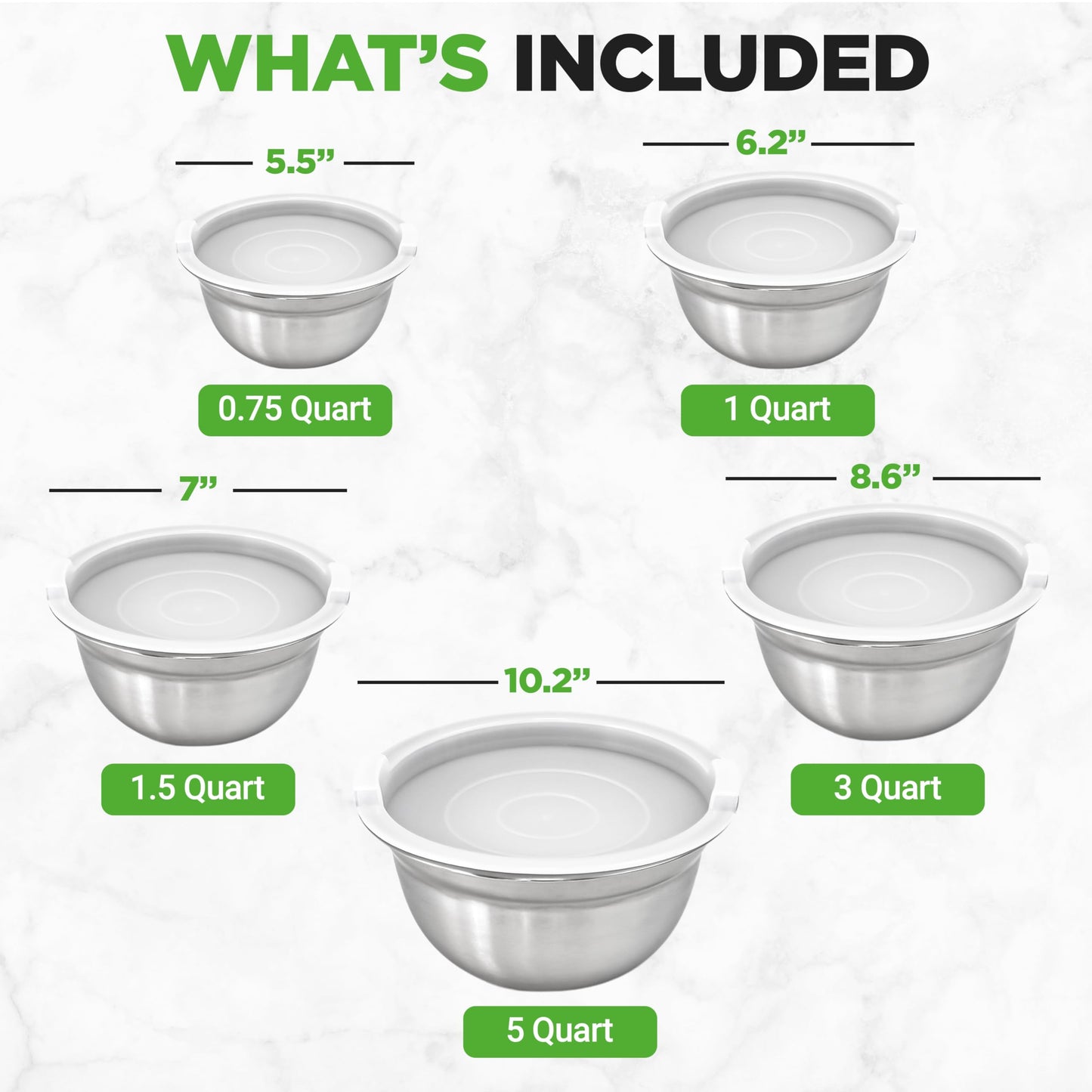 NutriChef 10 Piece Stainless Steel Mixing Bowls with Airtight Lids, Dishwasher Safe, 5 Stackable Nesting Bowls and 5 BPA-Free Lids for Kitchen, Cooking, Food Storage, Meal Prepping, Mixing & Serving