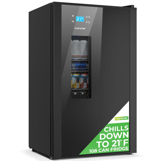 NutriChef Beer Fridge 108 Can Capacity | Freestanding Beverage Refrigerator with Glass Door for Beer & Soda | Adjustable Temperature 21°F to 64°F | Adjustable Shelves | 19 x 17 x 33 IN | Black