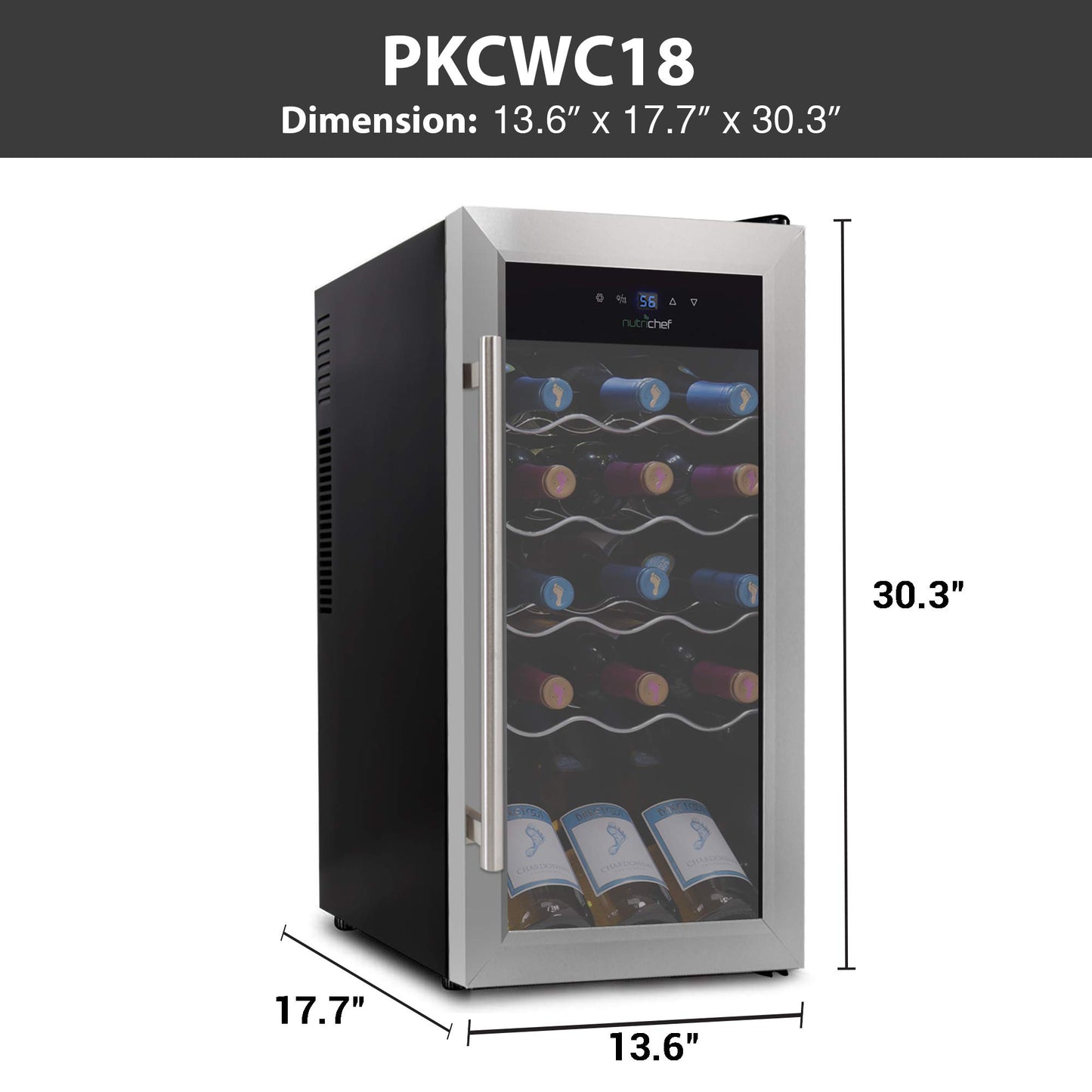 NutriChef PKCWC18 18 Bottle Fridge Slim Mini Cooler with Adjustable Temperature Control, Quiet Operation, for Red and White Wine, 30x13x17 in, Black