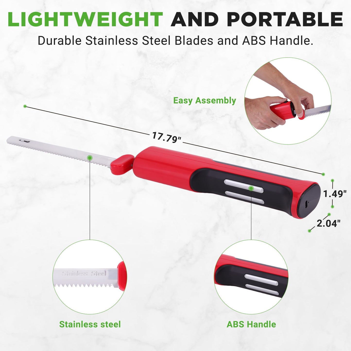 NutriChef Cordless Electric Knife | Easy to Use Constant ON/OFF Safety Function | Lightweight Kitchen Knife | Carve Turkey, Meats, Poultry, Bread & Cheese | 11.42’’ Stainless Steel Blades | Red