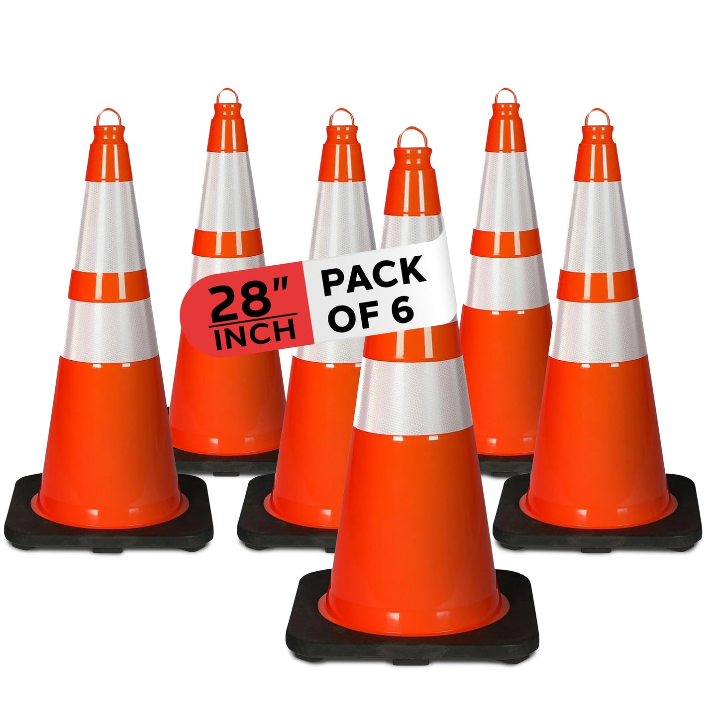 Pyle 28" PVC Traffic Cones, 6-Pack Safety Cones for Parking, Construction, Roadwork, & Sports Training, High-Visibility Orange, Durable, Stackable Design, Heavy-Duty Base for Stability in All Weather