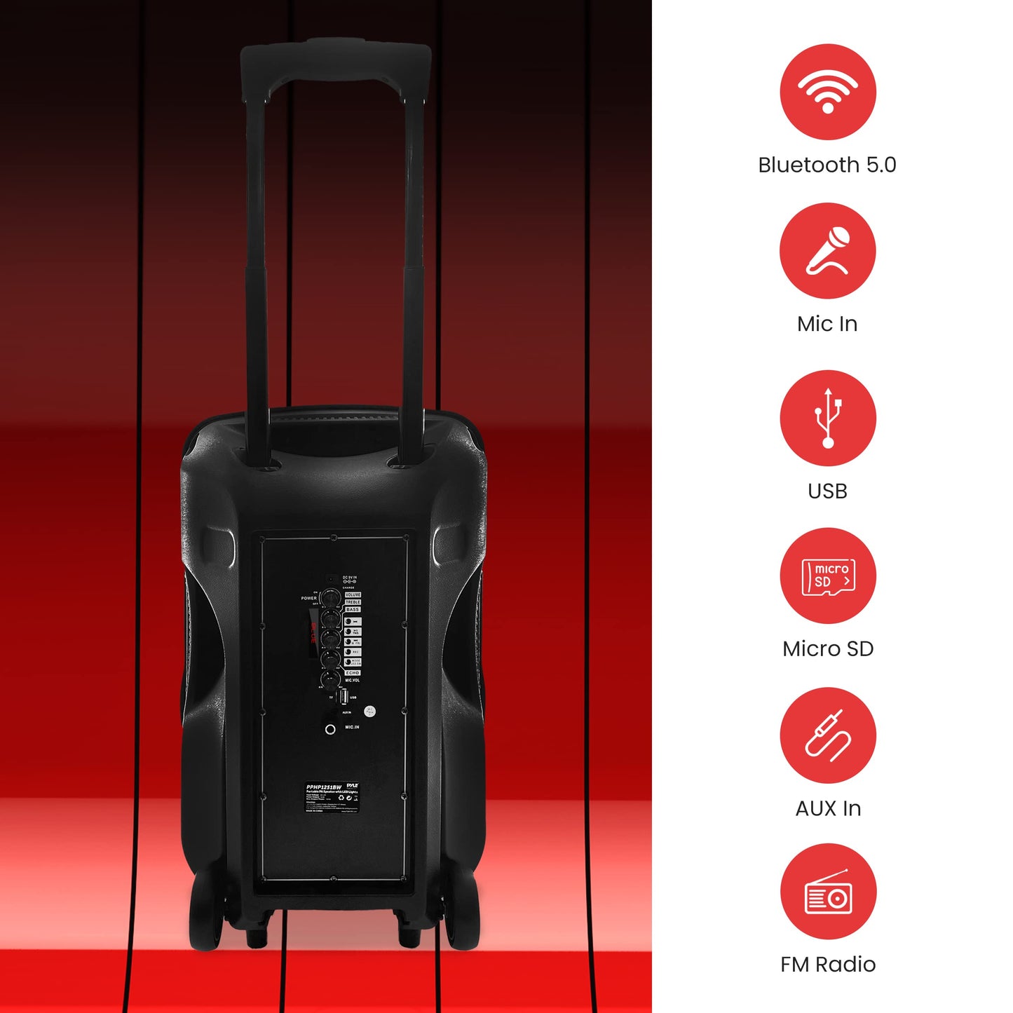 PyleUsa Portable Bluetooth PA Speaker-300W 12” Rechargeable Indoor/Outdoor BT Karaoke Audio System - LED Display, FM/AUX/MP3/USB/SD,1/4" in, Handle, Wheels-Wireless & Wired Mic, Remote Control