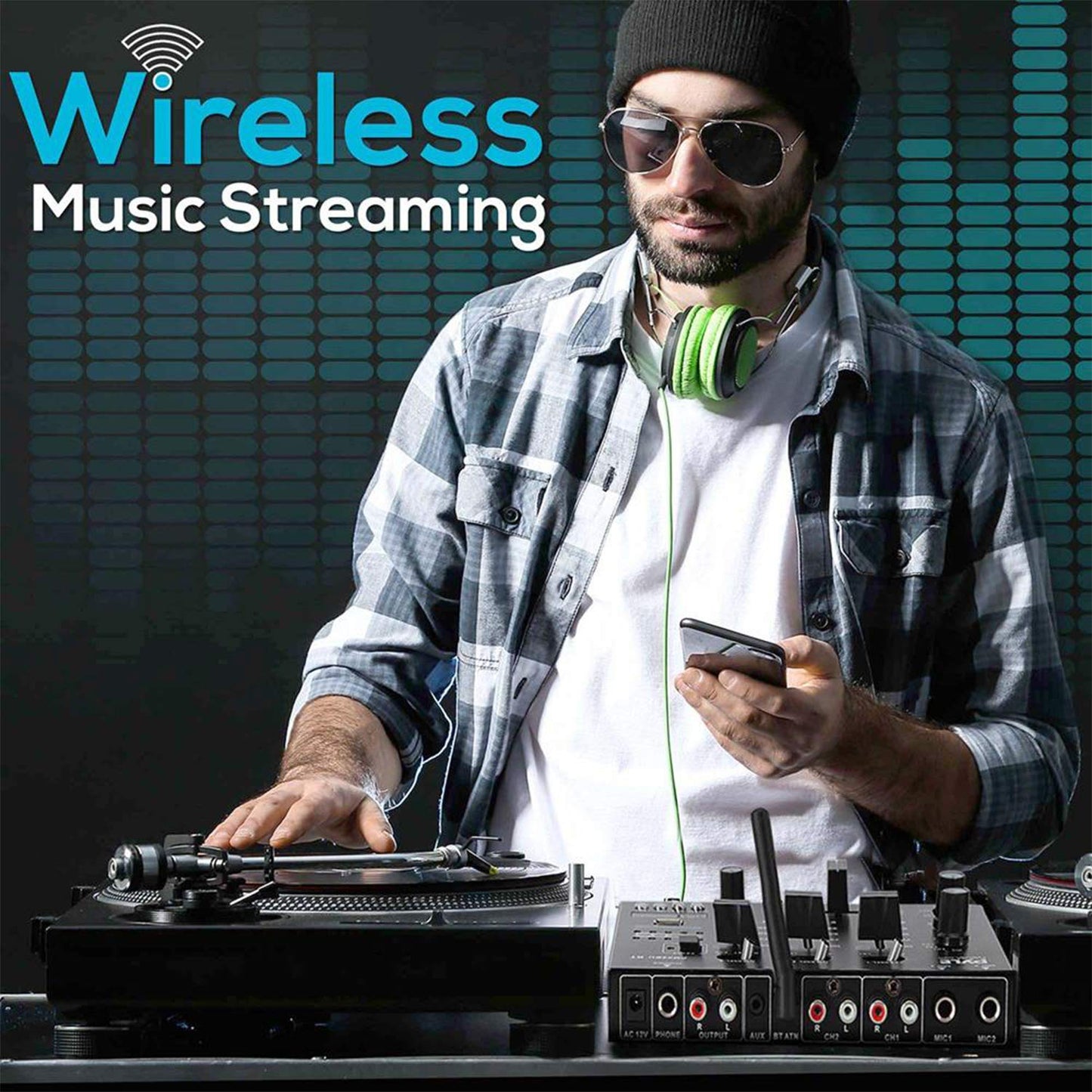 Pyle 3-Channel Wireless Bluetooth DJ Sound Mixer Controller - USB Reader - Dual RCA Phono/Line Inputs - 2 Mic Talk-Over - Headphone Jack - Crossfader - LED Display - PMX8BU