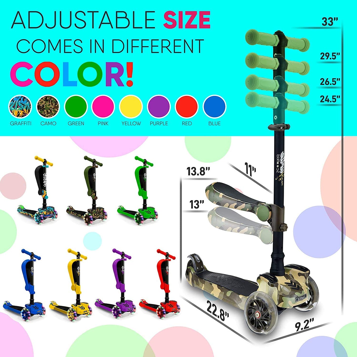 Hurtle Kids Scooter - Child Toddler Kick Scooter Toy with Foldable Seat - 3 Wheel Scooter with Adjustable Height, Anti-Slip Deck, Flashing Wheel Lights, for Boys/Girls 1-12 Year Old, Camouflage