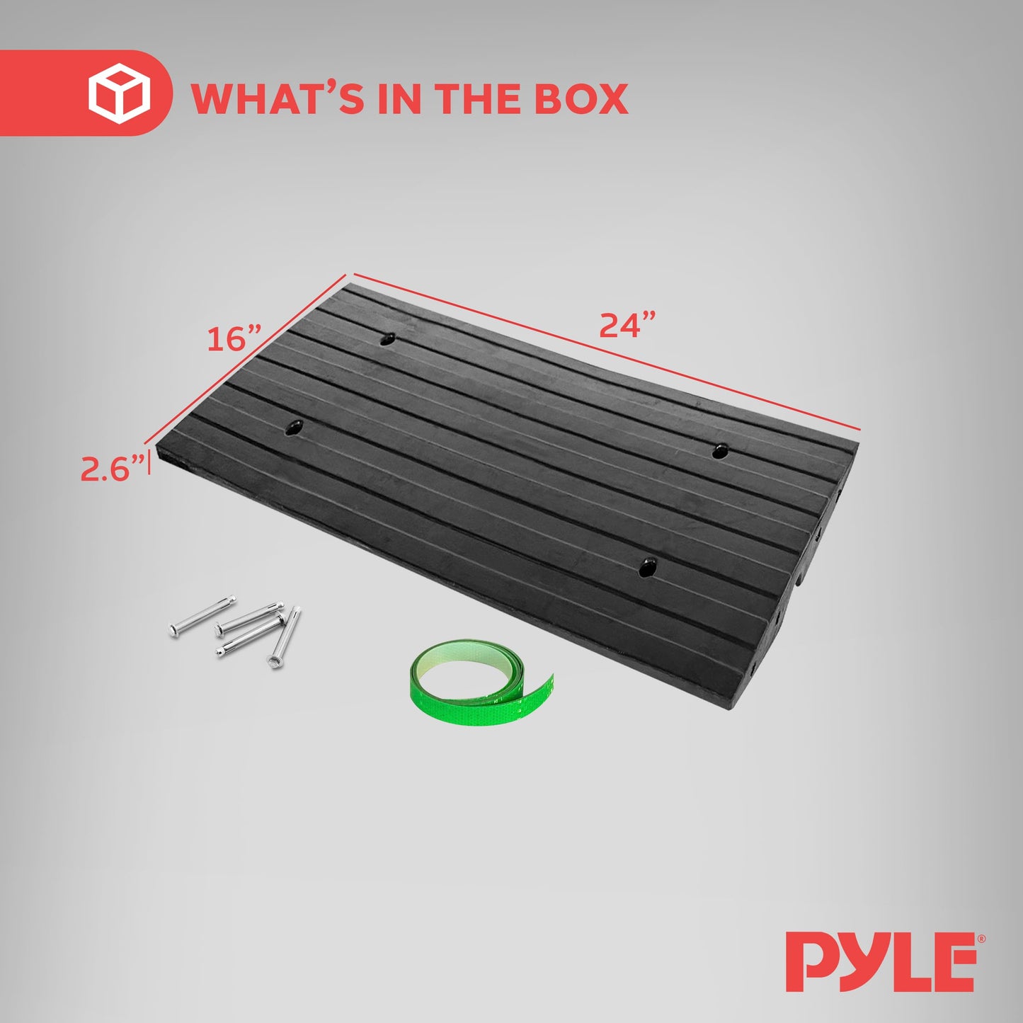 Pyle 2 Ft. Rubber Threshold Curb Ramp for Driveway - Heavy Duty Non-Slip Ramp for Vehicles - Green Reflective Strip, Marine Grade Waterproof, Ideal for Driveways & Sidewalks, 24.0"x16.0"x2.6" Inches