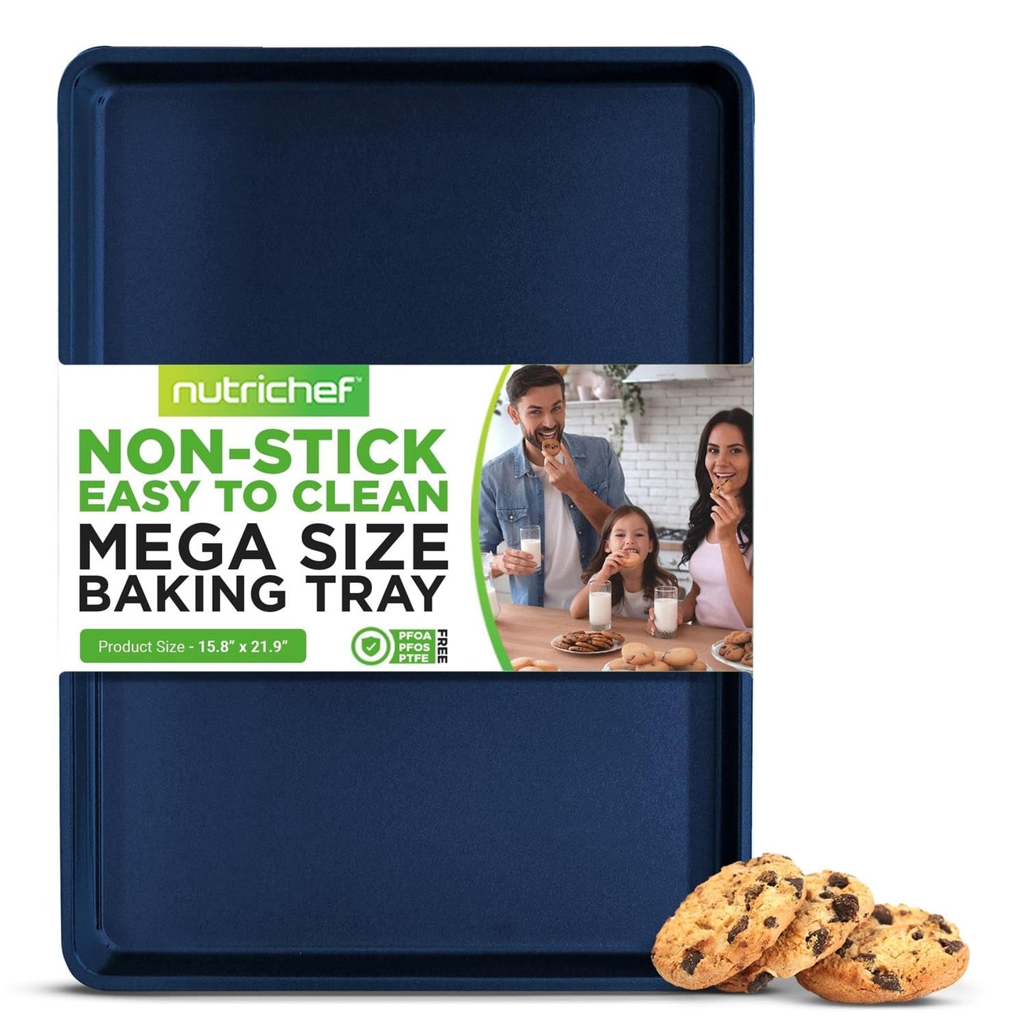NutriChef Non-Stick XL Cookie Sheet for Baking - Premium Extra Large Carbon Steel Baking Tray for Cookies, Jelly Rolls, Pastries, & More - Blue Diamond, 22" x 16"