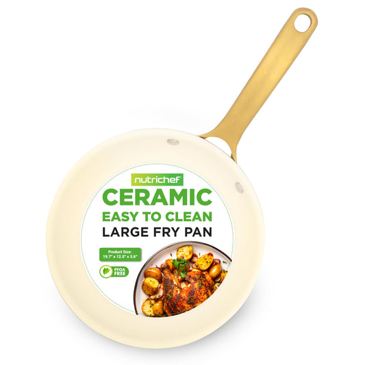 NutriChef 12-Inch Professional Ceramic Frying Pan - Large Skillet with Golden Titanium Handle, Non-Stick Ceramic Coating, Stain-Resistant, Easy to Clean, Ideal for Home Cooking