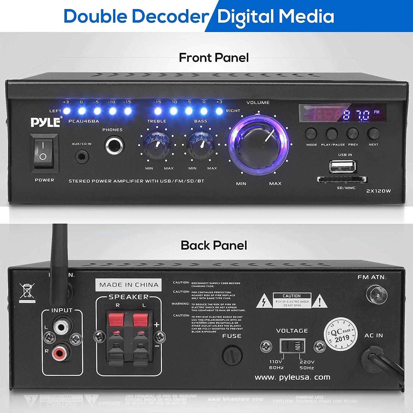 Wireless Bluetooth Home Stereo Amplifier - 2x120 Watt Power Amplifier Home Audio Bluetooth Receiver System w/Blue LED Display, AM/FM Radio, USB/SD, AUX, RCA, Headphone Jack - Remote - PCAU46BA