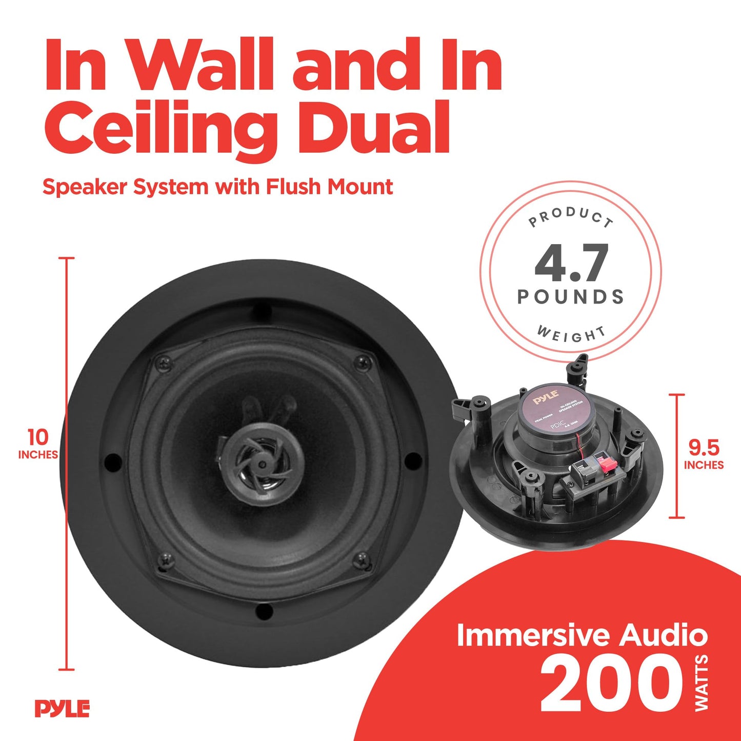 Pyle PDIC61RDBK In-Wall / In-Ceiling Dual 6.5-Inch Speaker System, 2-Way, Flush Mount, Black (Pair)