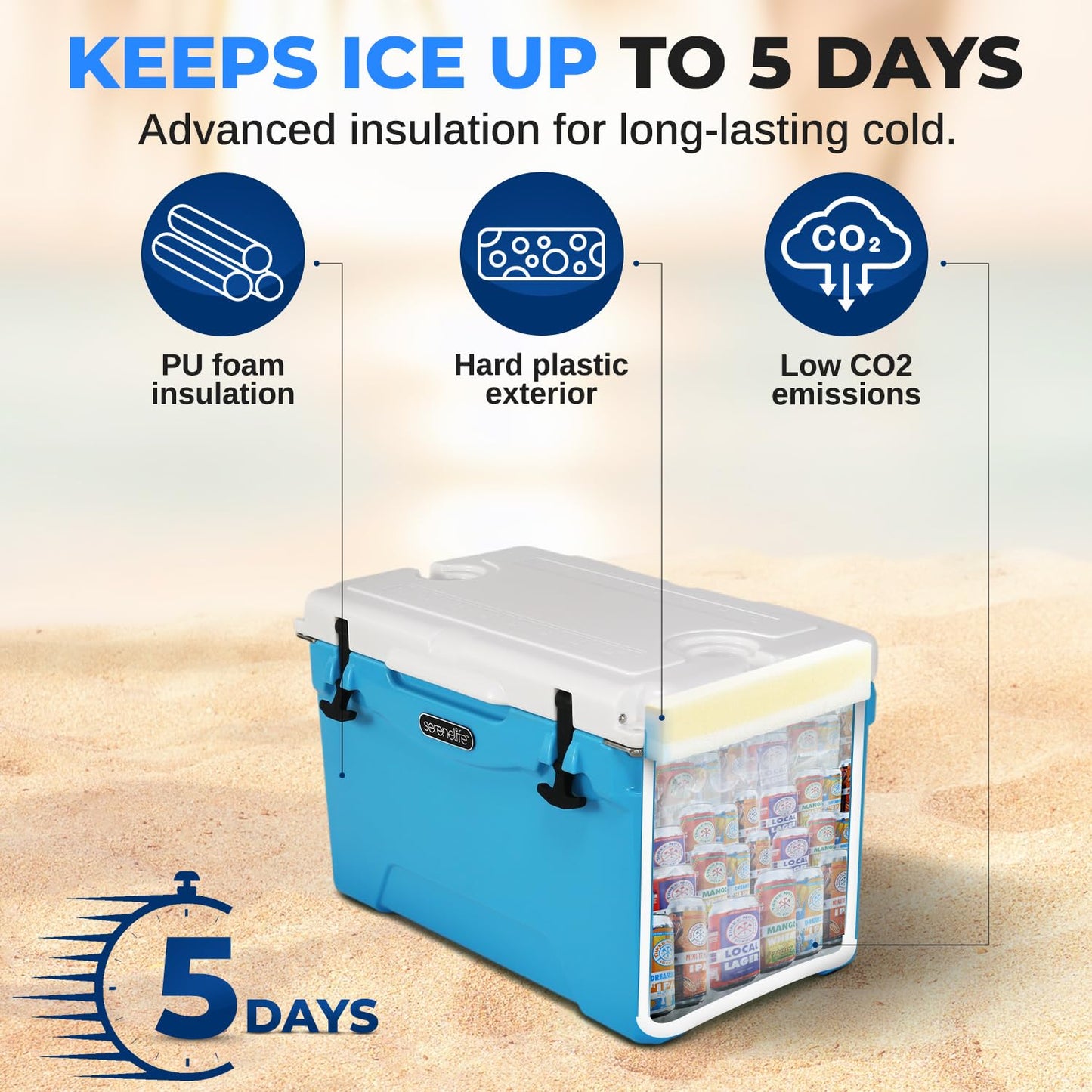 Serenelife 35 Quart Portable Cooler Box - Lightweight Heavy-Duty Travel Ice Cooler with 2-Way Handles, Drain - 5 Days Ice Retention, Holds 63 12-Ounce Cans & 2-liter Bottles (Blue)