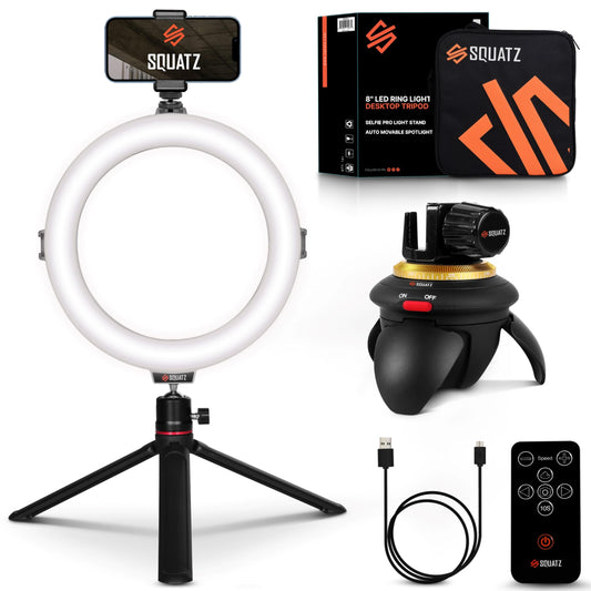 SQUATZ 8'' Small Ring Light for Desk with Stand and Phone Holder - 360 Rotating & Standard Desktop Tripod Kit - 14W Rotation Motion for Vloggers, TikTok, YouTube