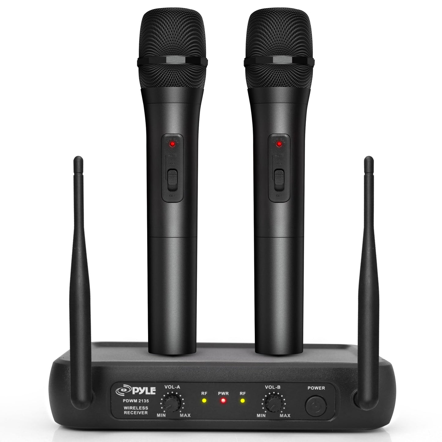 Pyle Channel Microphone System-VHF Fixed Dual Frequency Wireless Set with 2 Handheld Dynamic Transmitter Mics, Receiver Base-for PA, Karaoke, Dj Party (PDWM2135) , Black