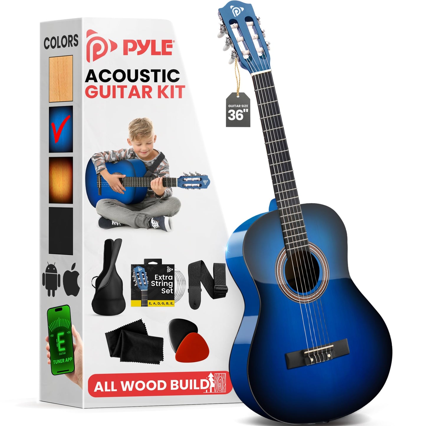 Pyle Beginner Acoustic Guitar Kit, 3/4 Junior Size All Wood Build Nylon String Instrument with Capo, Gig Bag, Strap, Extra String Set, Guitars for Beginners Adults and Youth, 36" Blue Burst Gloss