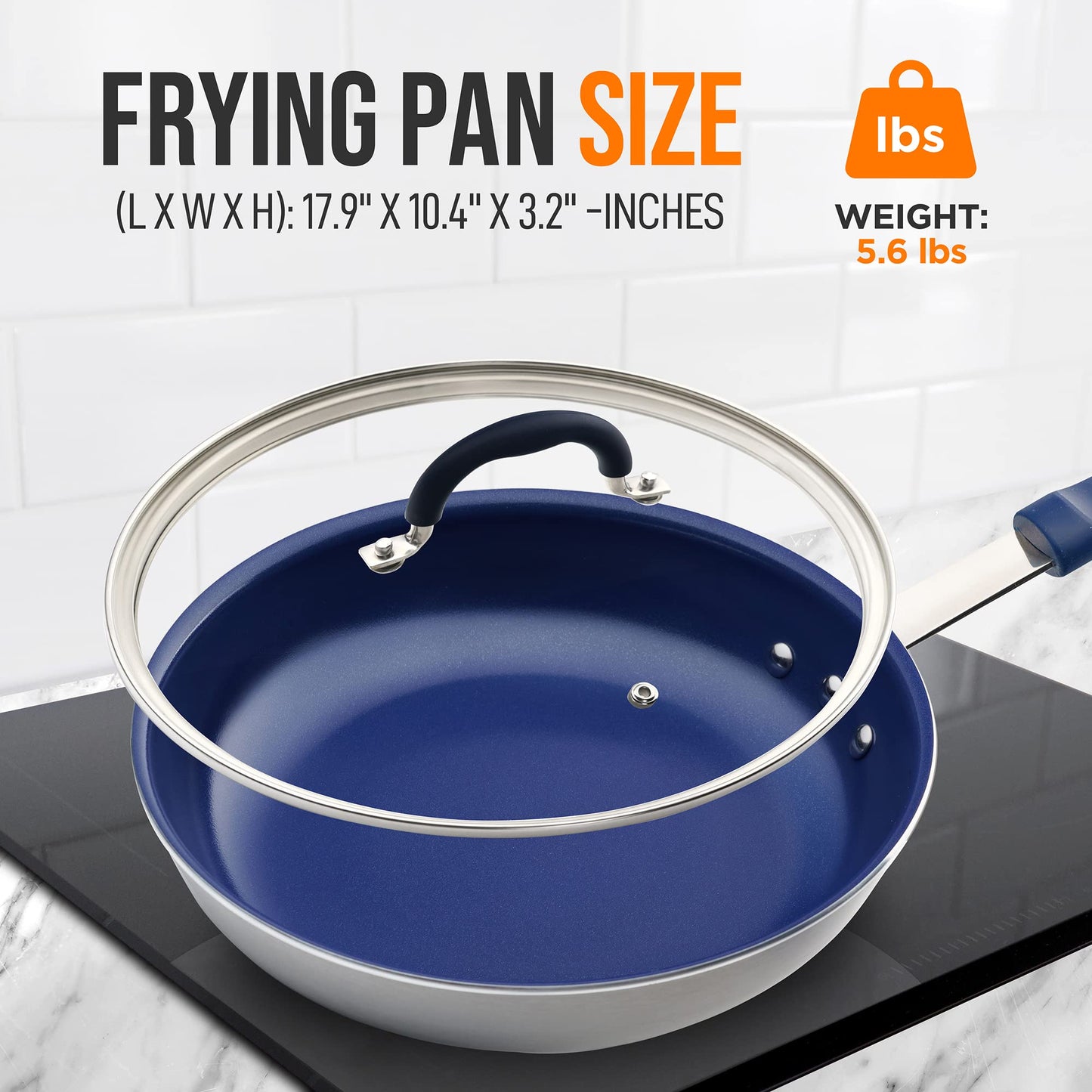 NutriChef 10" Fry Pan With Lid - Medium Skillet Nonstick Frying Pan with Silicone Handle, Ceramic Coating, Blue Silicone Handle, Stain-Resistant And Easy To Clean, Professional Home Cookware