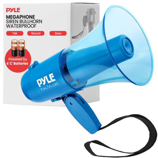Pyle 30W Water Proof Megaphone Siren Bullhorn Speaker, Battery Portable Bullhorn for Indoor & Outdoor Use, 500 Square Yards Range,4 C Batteries Needed Record Siren/Music (Transparent Blue)