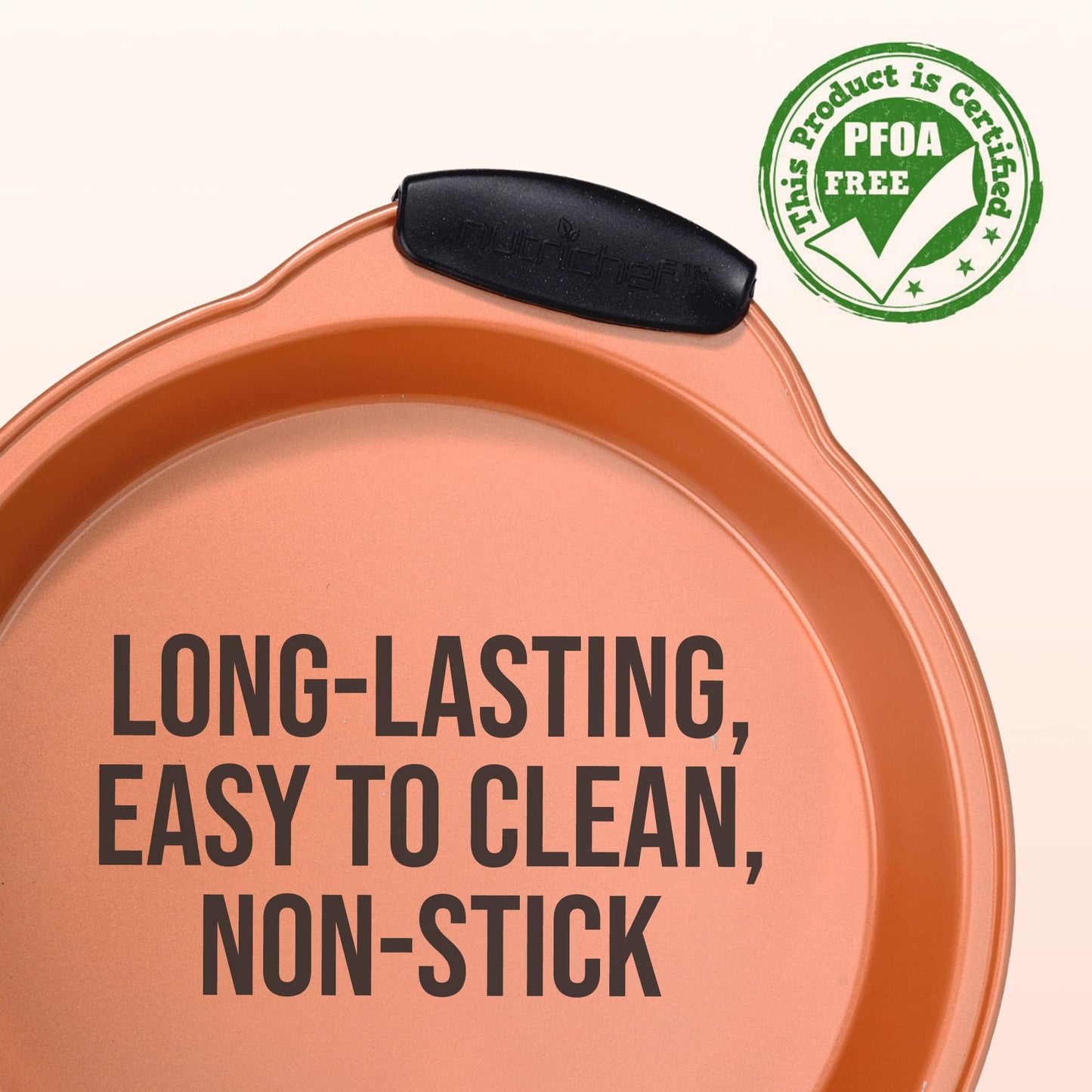 NutriChef Nonstick Round Cake Pan - Carbon Steel Oven Bakeware Pan with Silicone Grip Handles - PFOA, PFOS, PTFE Free - Bake Cake, Brownies, Pie, Bread, & More - Dishwasher Safe, 9.7 Inch (Copper)