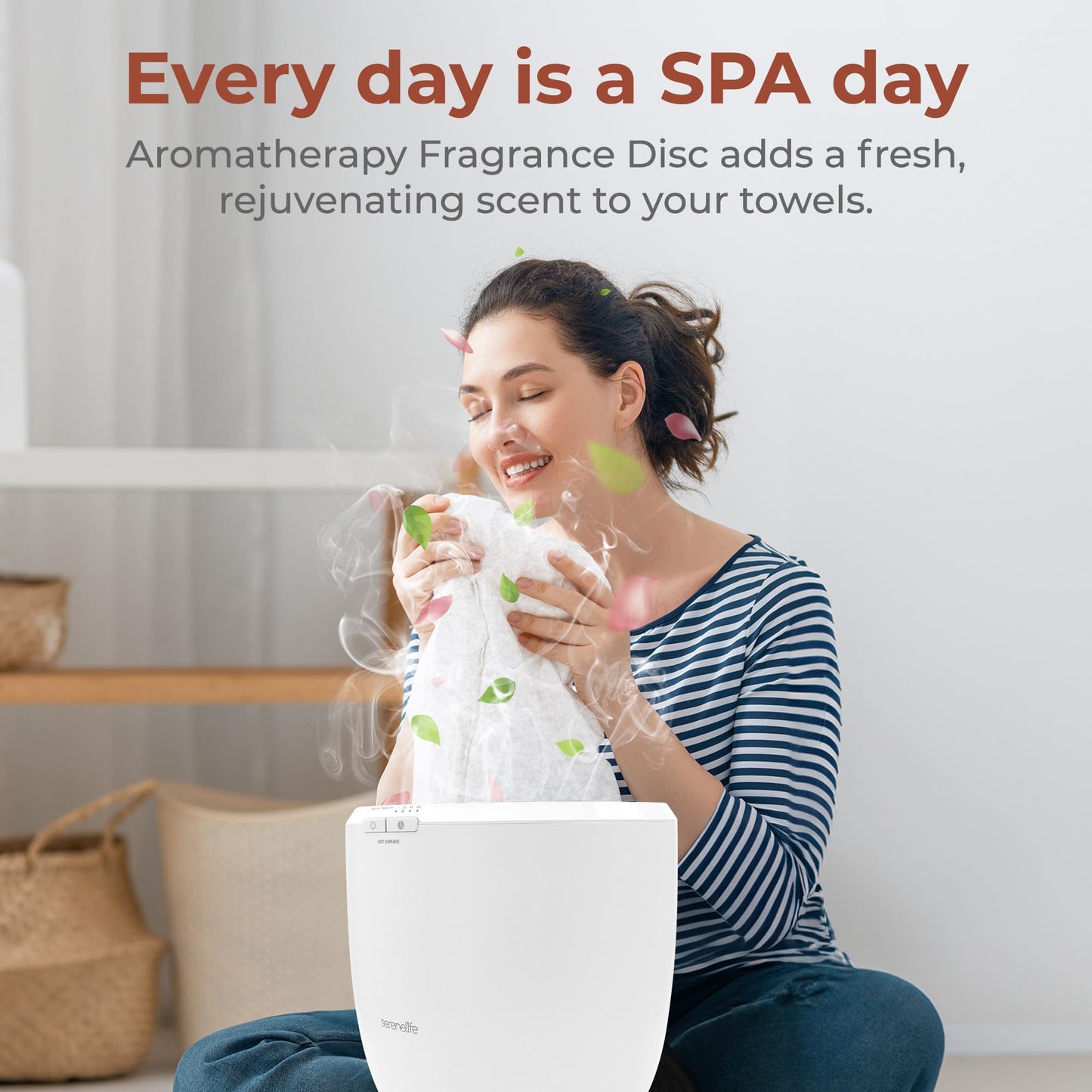 SereneLife Counter Towel Warmer Bucket - with Customized Fragrance for Spa and Bathroom, Luxury Towel Heater, Auto Shut Off, Fits 1 Large Towel, Blanket, Bathrobe, PJs (Natural)