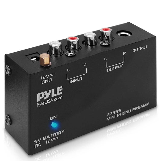 Pyle Phono Turntable Preamp - Mini Stereo Preamplifier with 9V Battery - 12V DC Power Adapter - RCA Input/Output - Low Noise - Ideal for Phonograph and Vinyl - PP555