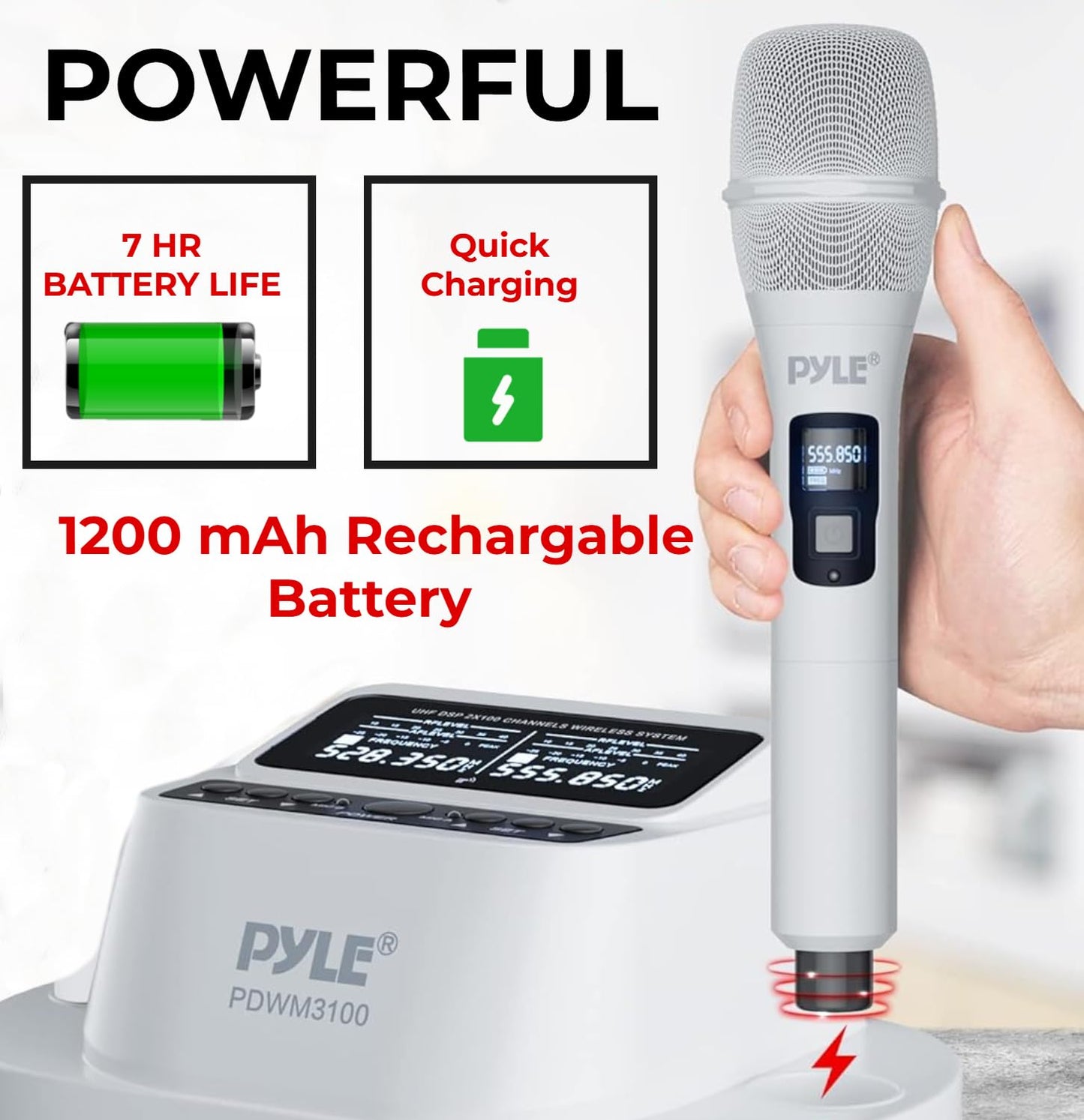 Pyle Wireless Microphones - UHF 2x100 Channel Receiver, Karaoke Microphone with DSP, High-Fidelity, Infrared Sync, Wireless Microphone System for Professional Singers, Stage & Artists