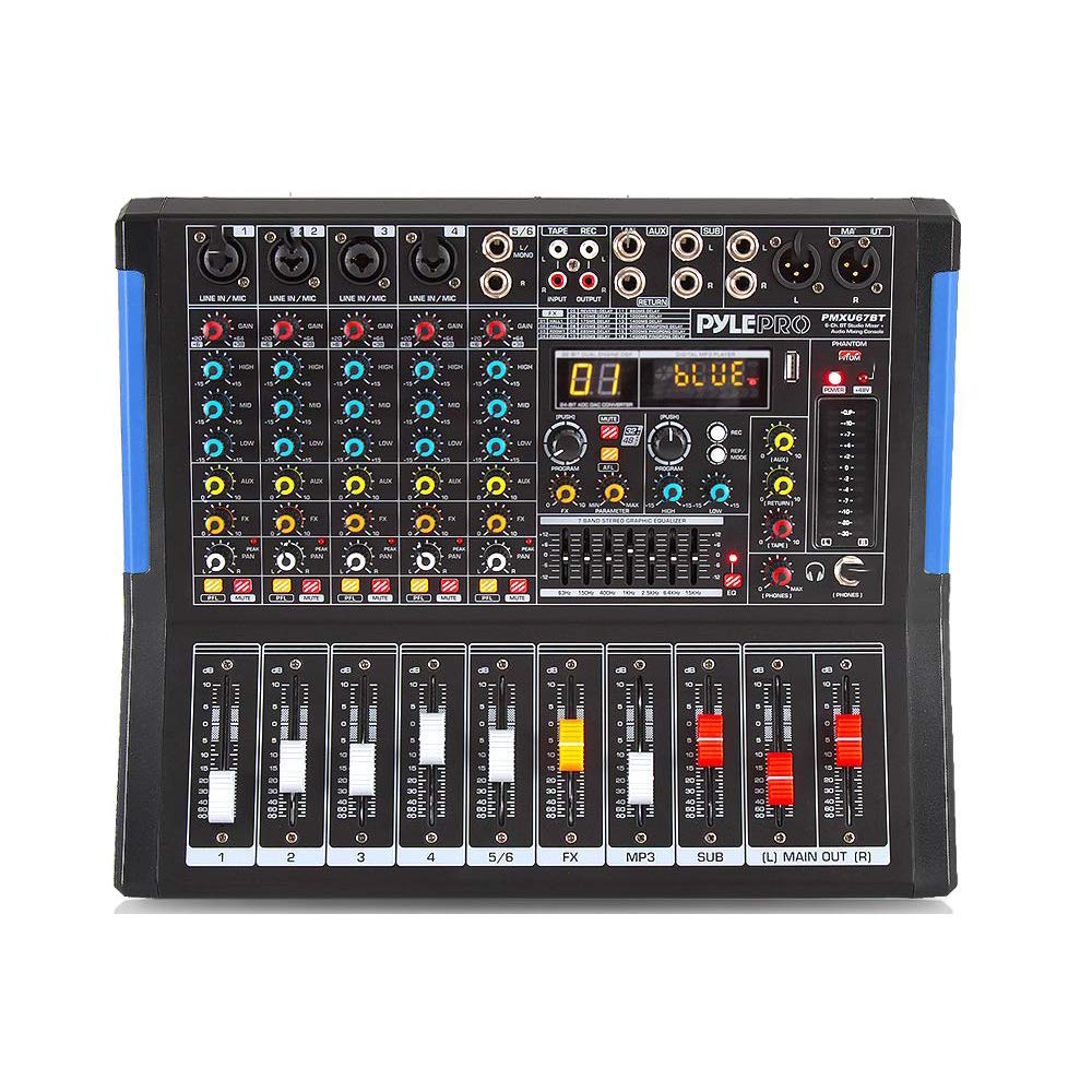 Pyle 6-Channel Bluetooth Studio Audio Mixer - DJ Controller w/ USB Drive - XLR Mic Input - +48V Phantom Power - 16 DSP Effects - MP3/WAV Playback - For Professional & Beginner Use - PMXU67BT