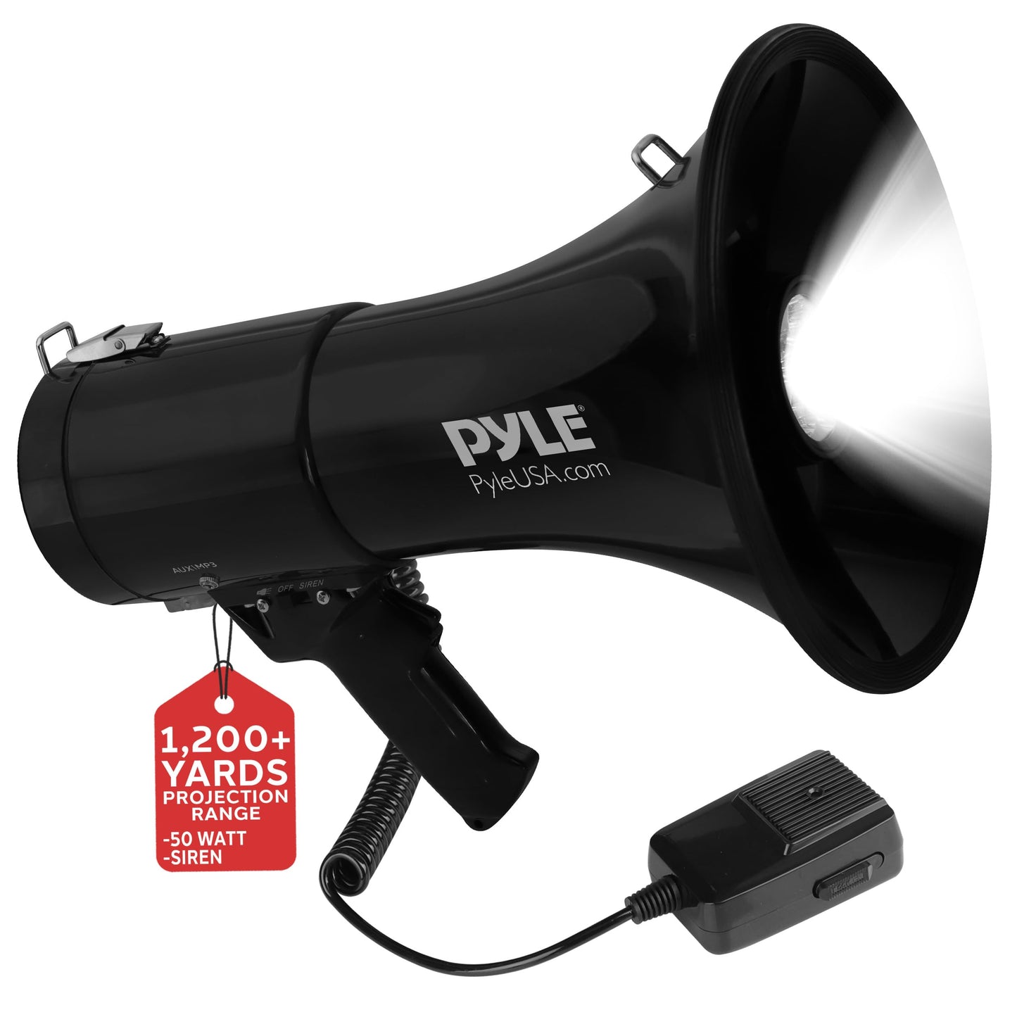 Pyle 50W Portable Megaphone Bullhorn Speaker with Microphone, 1200 Yard Range for Indoor/Outdoor Use, Alarm Siren & Adjustable Volume for Cheerleading Fans, Coaches or Safety Drills