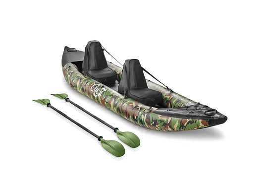 SereneLife 2-Person Inflatable Kayak with Aluminum Paddles & Pump – Portable, Lightweight Kayak for Adults with Adjustable Seats, Puncture-Resistant PVC, 660lb Capacity, Repair Kit & Carry Bag – Camo