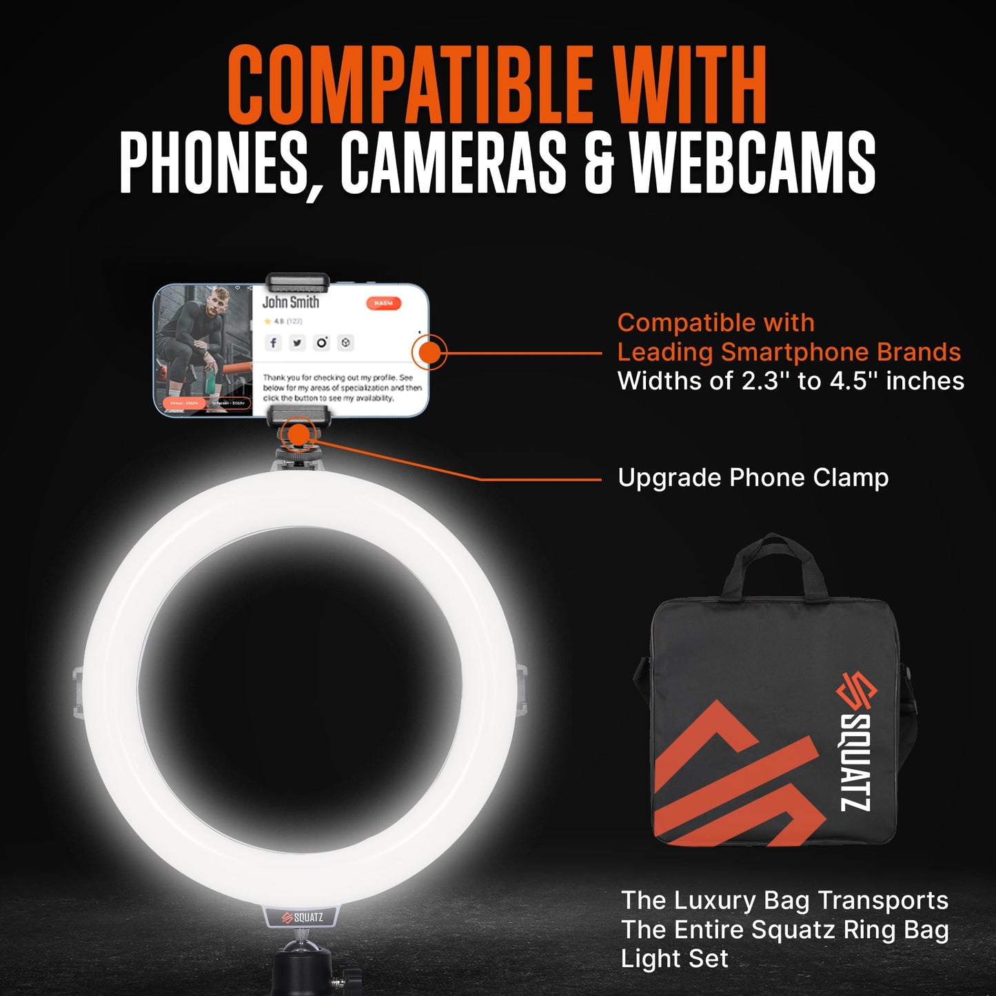 SQUATZ 8'' Small Ring Light for Desk with Stand and Phone Holder - 360 Rotating & Standard Desktop Tripod Kit - 14W Rotation Motion for Vloggers, TikTok, YouTube