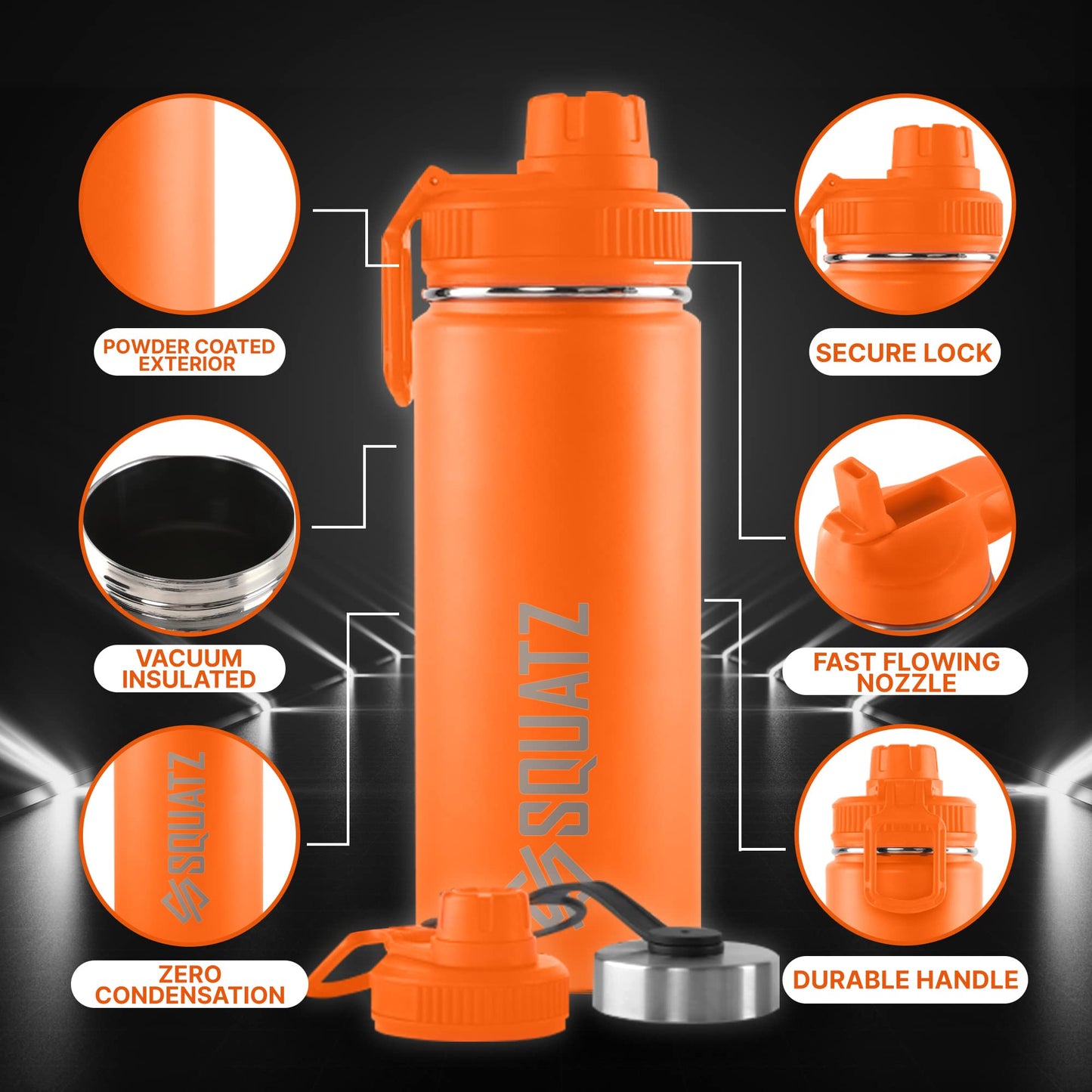 SQUATZ 18 Oz Neptune Series Steel Water Bottle, Stainless Double Wall Vacuum Insulated Flask with Handle Strap, Durable and Elegant Leak Proof Wide Mouth Thermos for Gym, Travel, Hiking, and Camping
