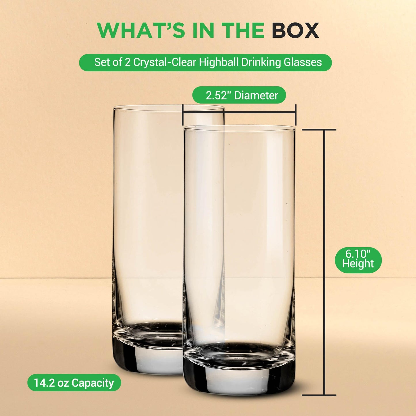 Nutrichef 14.2 oz Highball Drinking Glasses Premium Crystal, Durable & Dishwasher Safe, Elegant Design for Water, Cocktails & Liquor - Set of 2