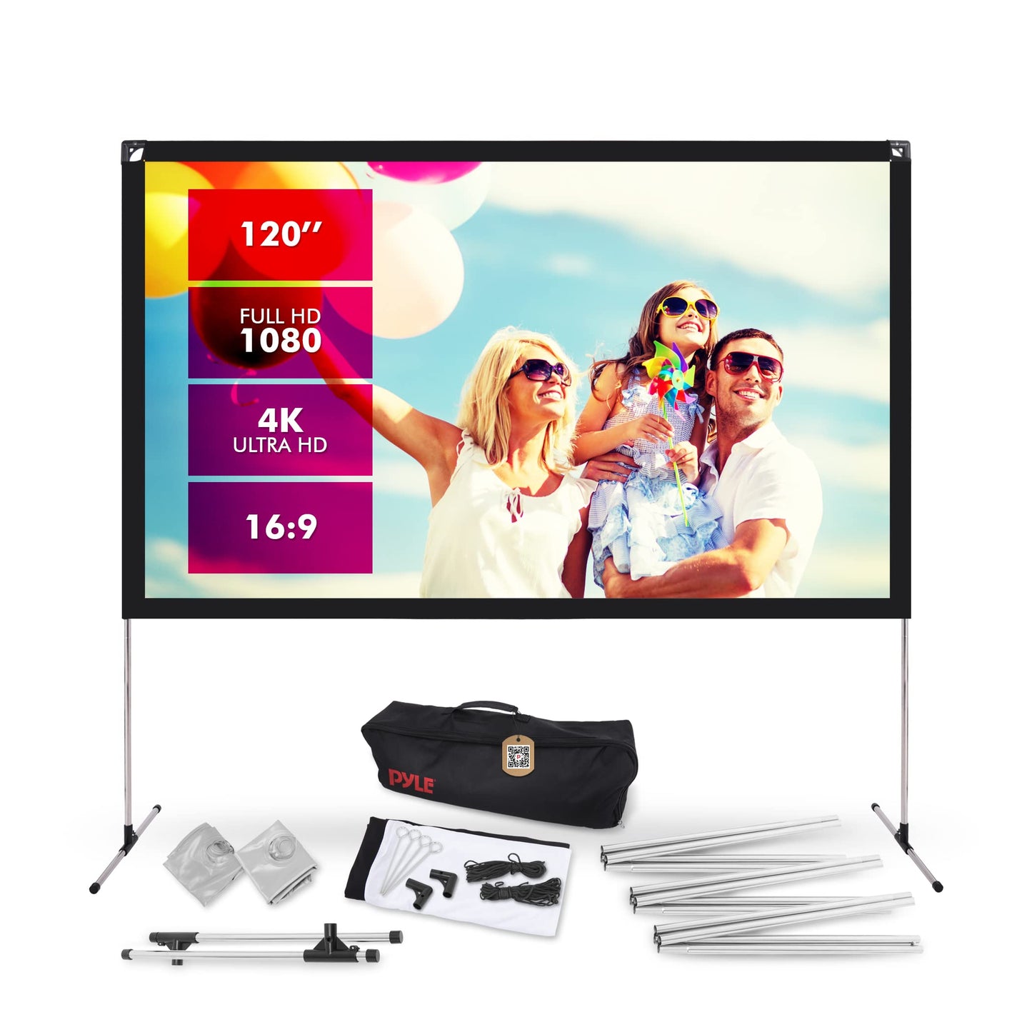 Pyle 120 Inch Foldable Projector Screen with Stand –16:9 HD Lightweight Portable Movie Display for Indoor & Outdoor – Wrinkle Resistant, Wide Angle Viewing,Travel Bag & Frame Included for Home Theater