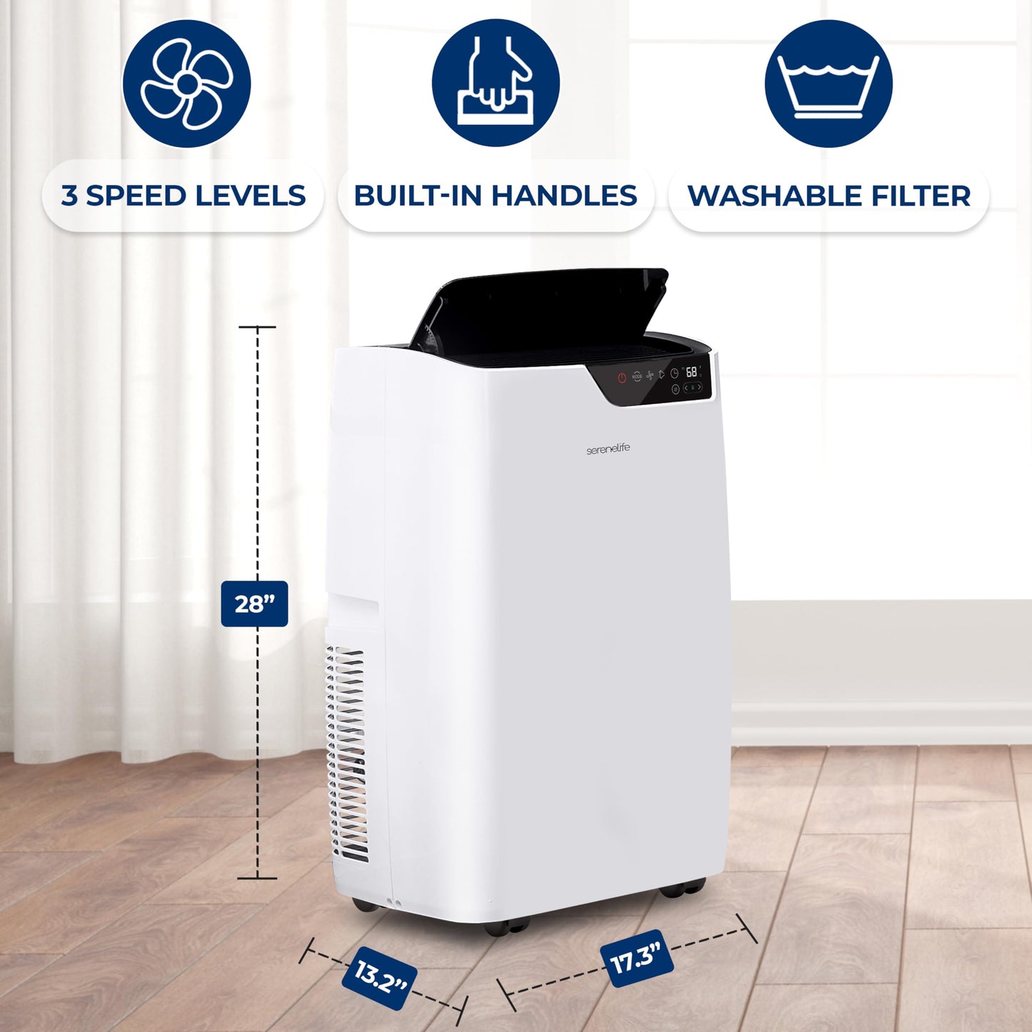 SereneLife 14000 BTU Portable Air Conditioner 4-in-1 with Heating - Compact Standing Air Conditioner for Room Up to 400 Sq. Ft. Floor AC Unit with Remote Control - Universal Casters, Window Mount Kit