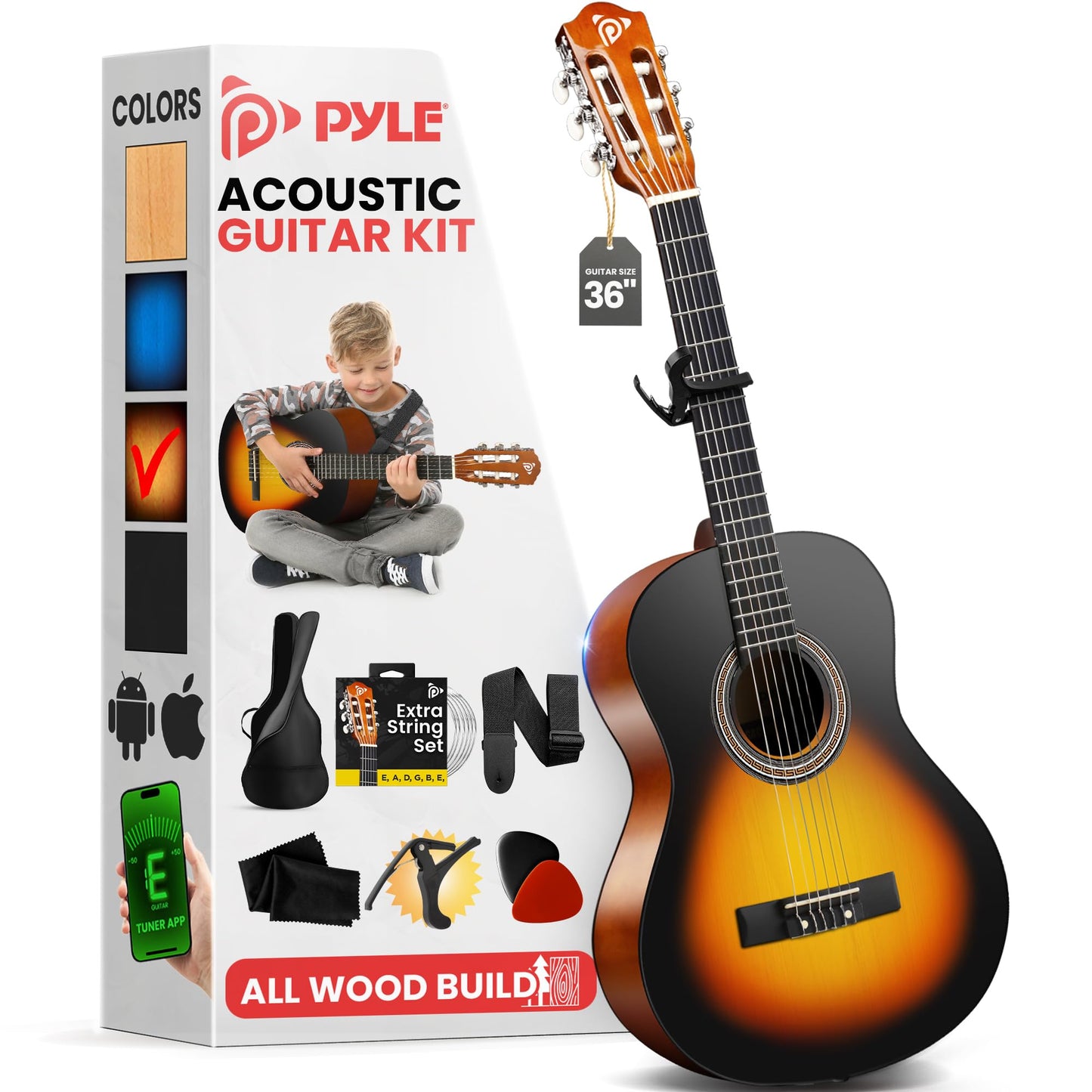 Pyle Classical Guitar Starter Kit - 36" 3/4th Size All Wood Instrument with Capo, Gig Bag, Strings, Strap, Picks (Sunburst)
