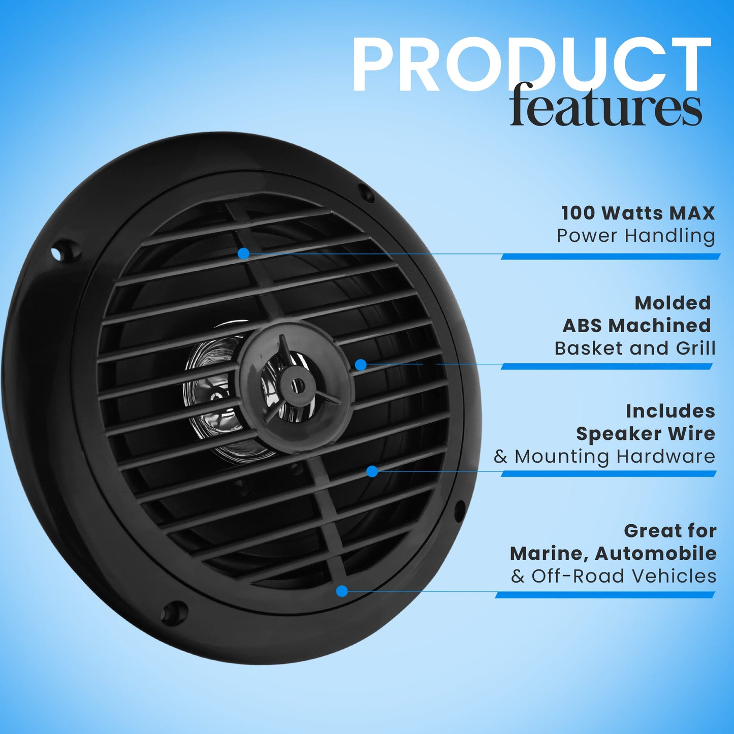 Pyle 6.5 Inch Dual Marine Speakers - 2 Way Waterproof and Weather Resistant Outdoor Audio Stereo Sound System with 120 Watt Power, Polypropylene Cone and Cloth Surround - 1 Pair - PLMR67B (Black)