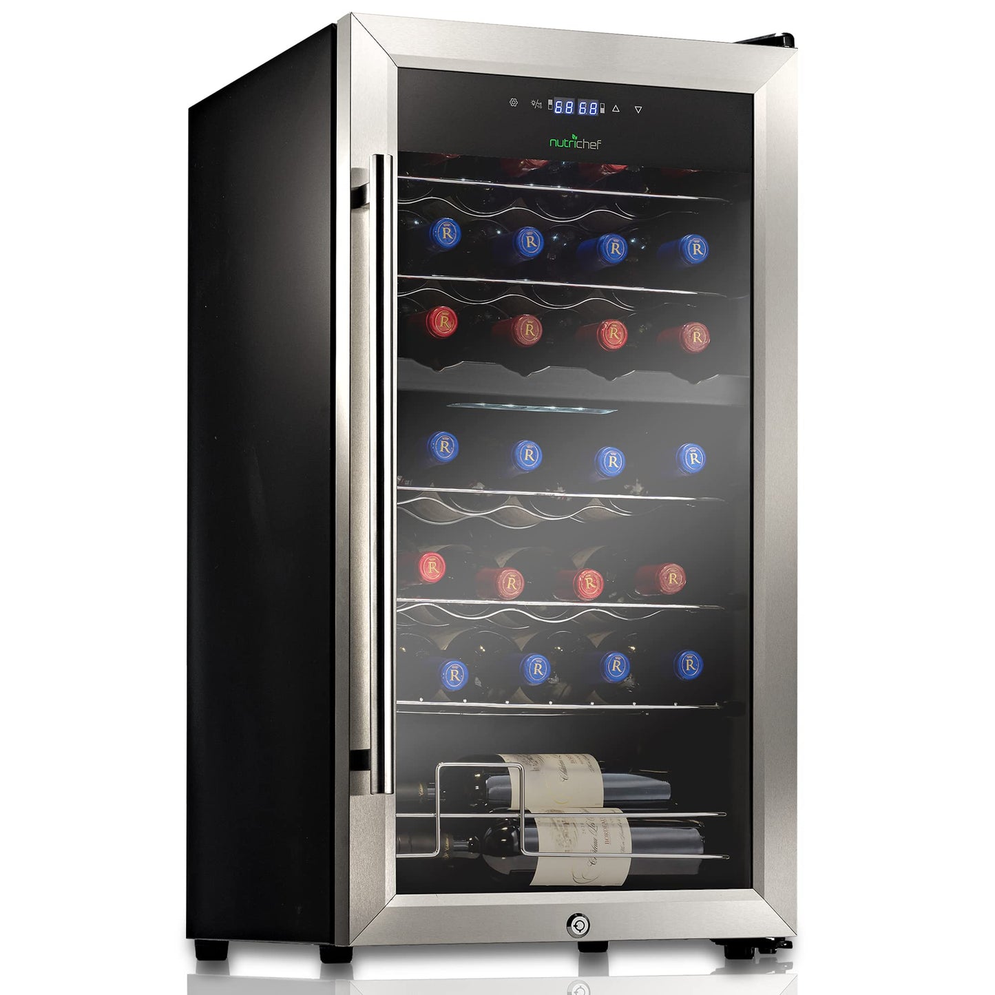 NutriChef 28 Bottle Wine Fridge | Dual Zone Wine Chiller | Adjustable Temperature 41°F to 64°F | Ultra Quiet Operation | Wine Cooler For Home, & Office | Free Standing 33x16x17 IN (Black)
