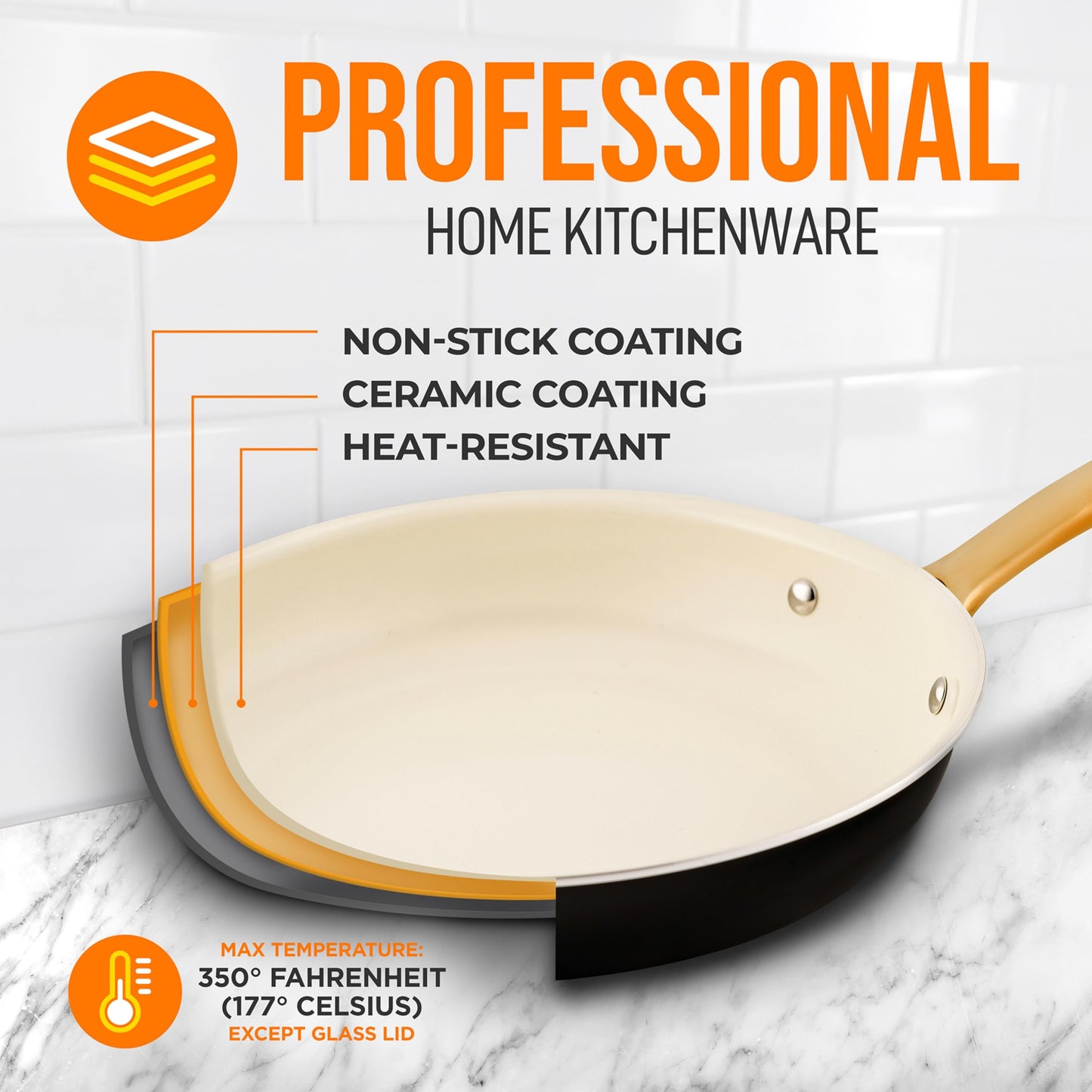 NutriChef 10-Inch Professional Ceramic Frying Pan - Medium Skillet with Golden Titanium Handle, Non-Stick Ceramic Coating, Stain-Resistant, Easy to Clean, Ideal for Home Cooking