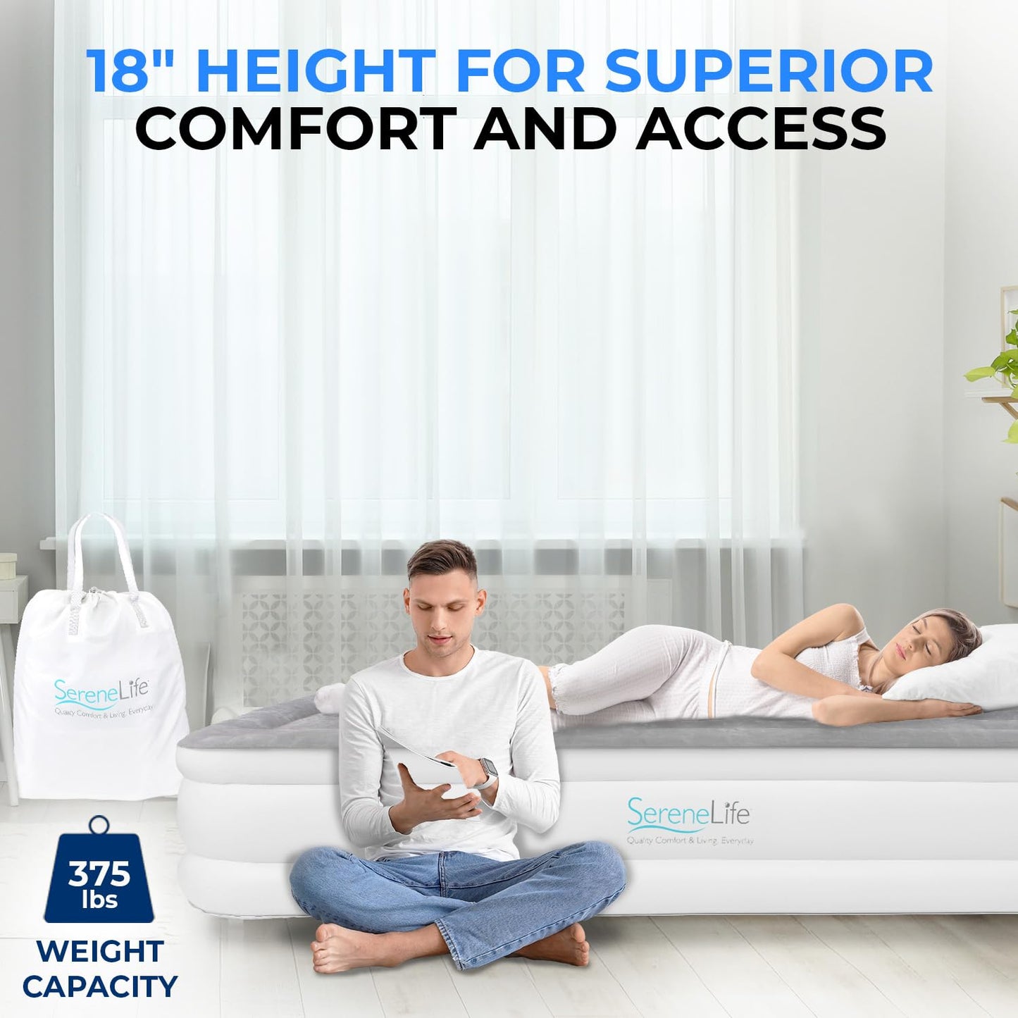SereneLife Twin Air Mattress with Built in ComfortCoil Technology & Internal High Capacity Pump | Elevated Raised Air Mattress Quilt Top | 1-Year Guarantee, Gray