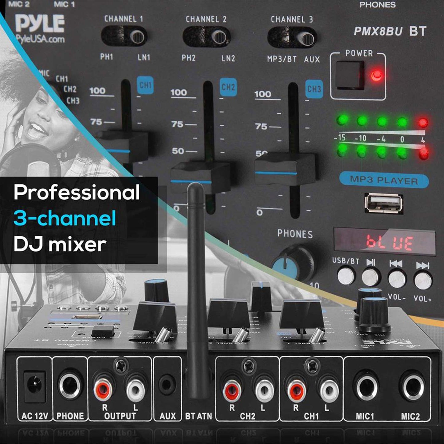 Pyle 3-Channel Wireless Bluetooth DJ Sound Mixer Controller - USB Reader - Dual RCA Phono/Line Inputs - 2 Mic Talk-Over - Headphone Jack - Crossfader - LED Display - PMX8BU