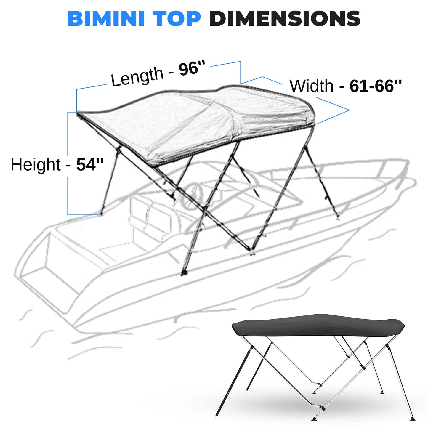 SereneLife 4 Bow Bimini Top Boat Cover – 96" L x 61-66" W x 54" H, Durable 1" Aluminum Frame, Waterproof & UV-Resistant, Easy Install with Front Straps, Rear Support Arms & Free Storage Boot (Gray)