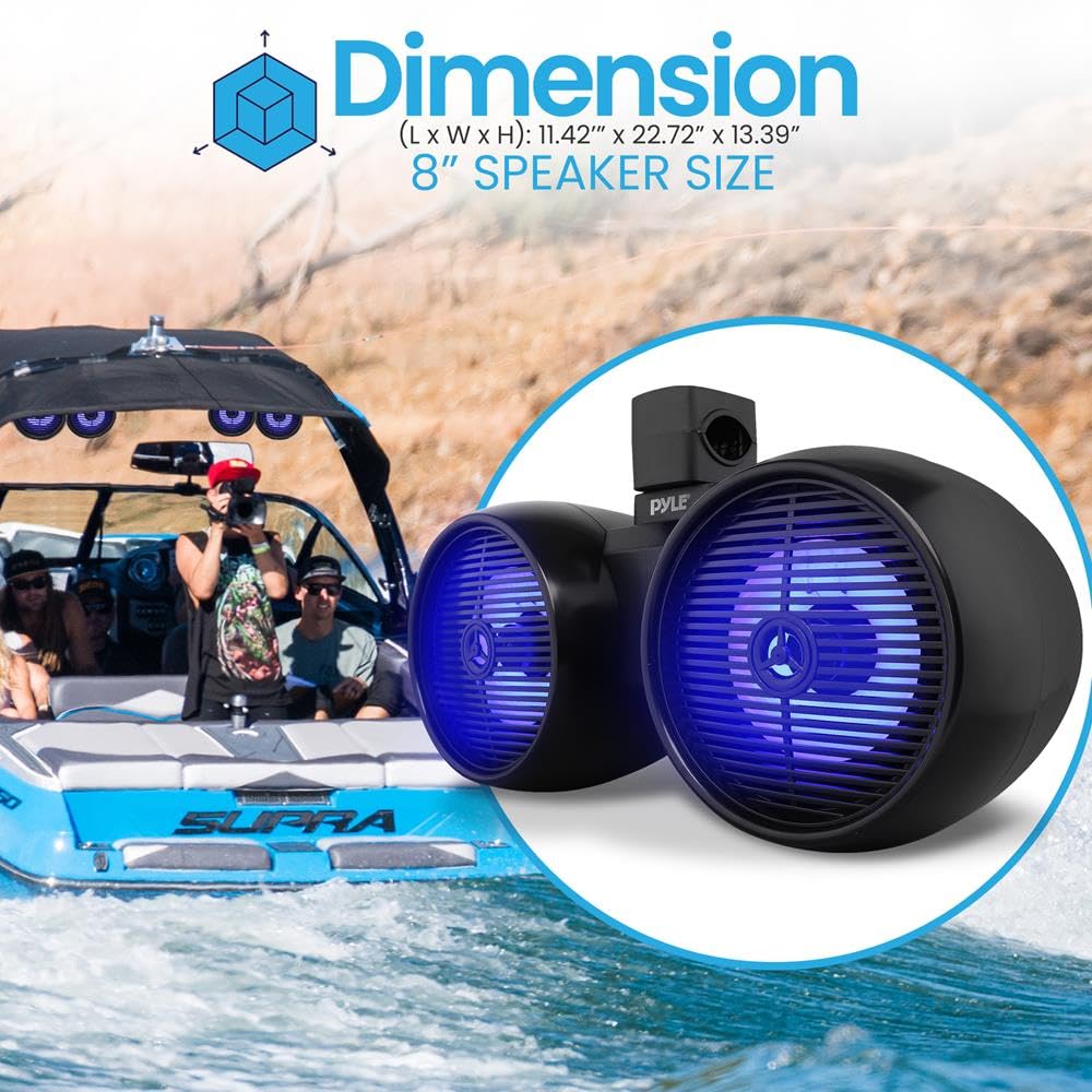 Pyle Marine Speakers, Boat Speakers, Marine Speaker, 8" 300W Dual Waterproof Off-Road Sound System, LED Lights, IP-44 Rated, 4 Ohm, Includes Mounting Brackets, Heavy Duty ABS Construction