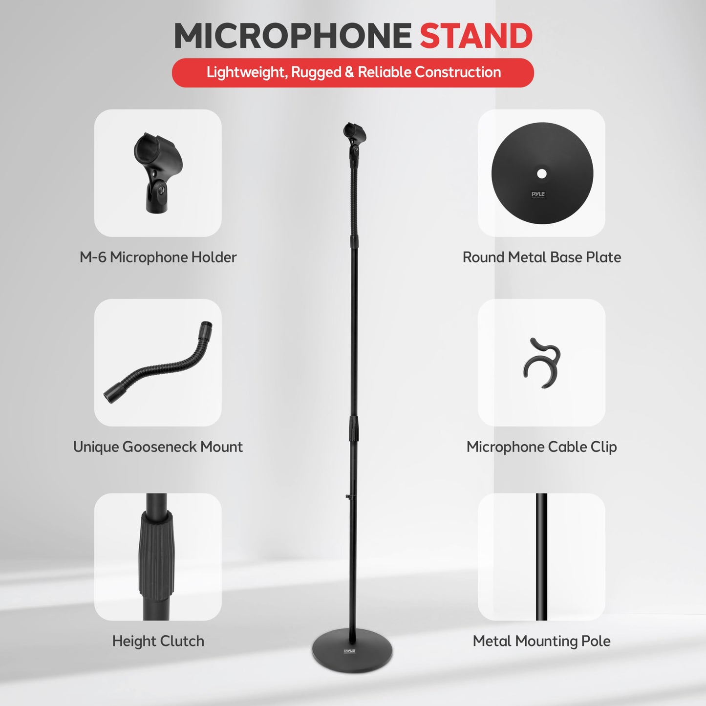 Pyle Universal Microphone Stand - M-6 Mic Holder USA Standard Adapter and Height Adjustable from 31.5” to 60” Inch High w/ Pivotable Gooseneck Mount - Heavy Duty Clutch Tension Knob PMKS32